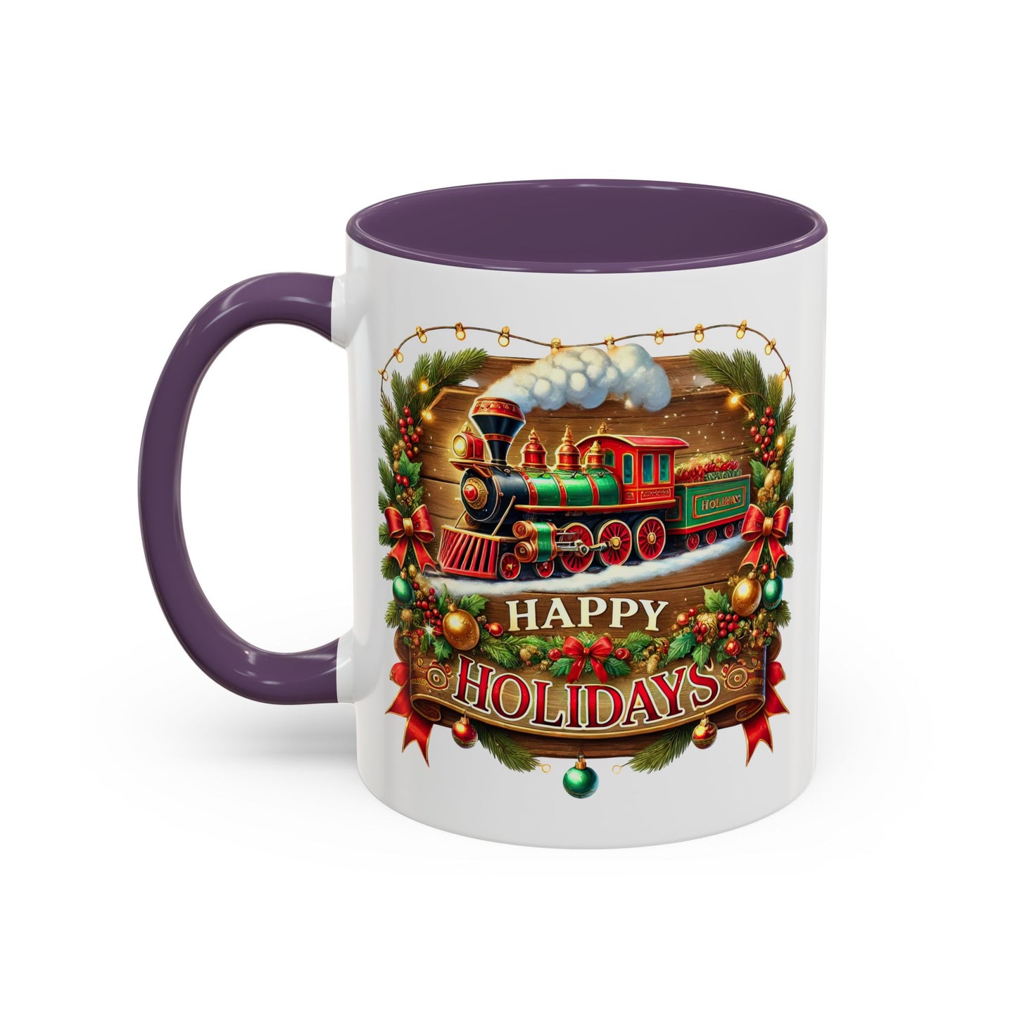Christmas Mug - Happy Holidays White & Red Text Steam Locomotive