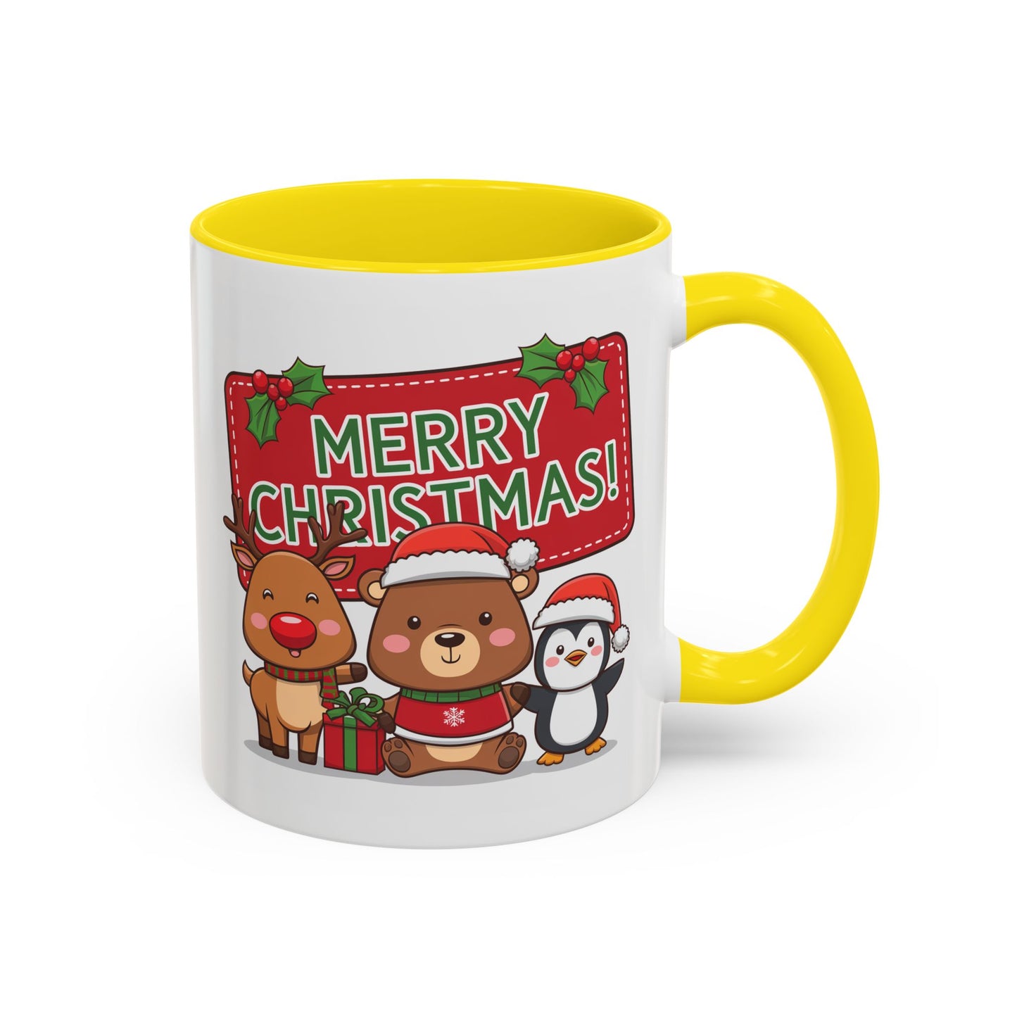 Christmas Mug - Green Text Red Banner Reindeer Bear Penguin