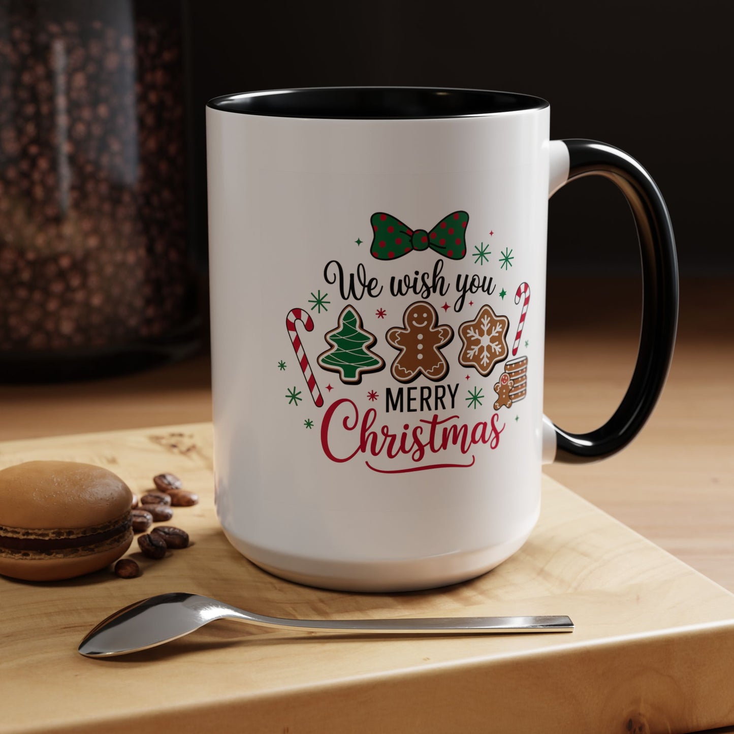 Christmas Mug - We Wish You a Merry Christmas Black & Red Text Cookies & Candy