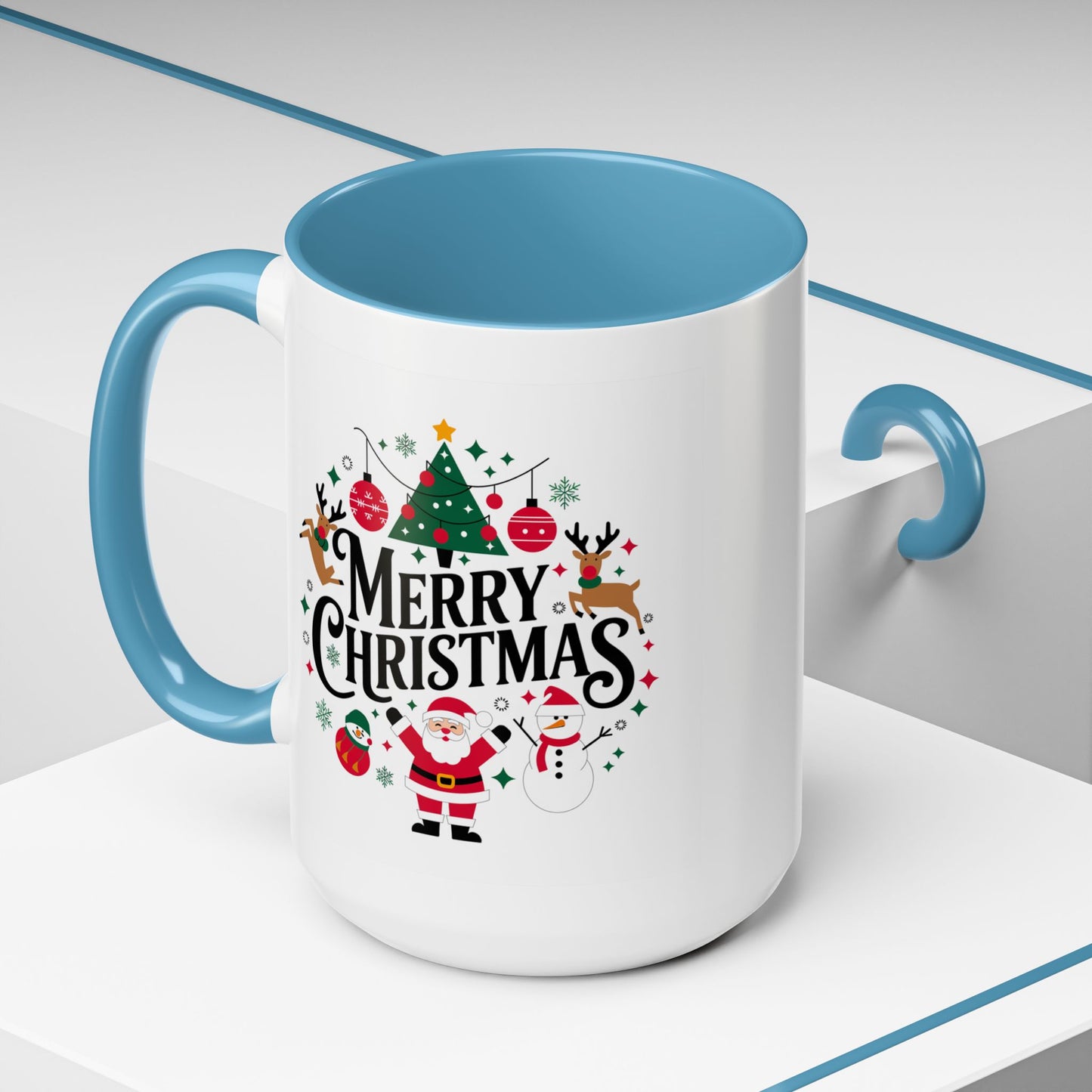 Christmas Mug - Merry Christmas Black Text Santa Reindeer Snowmen Ornaments