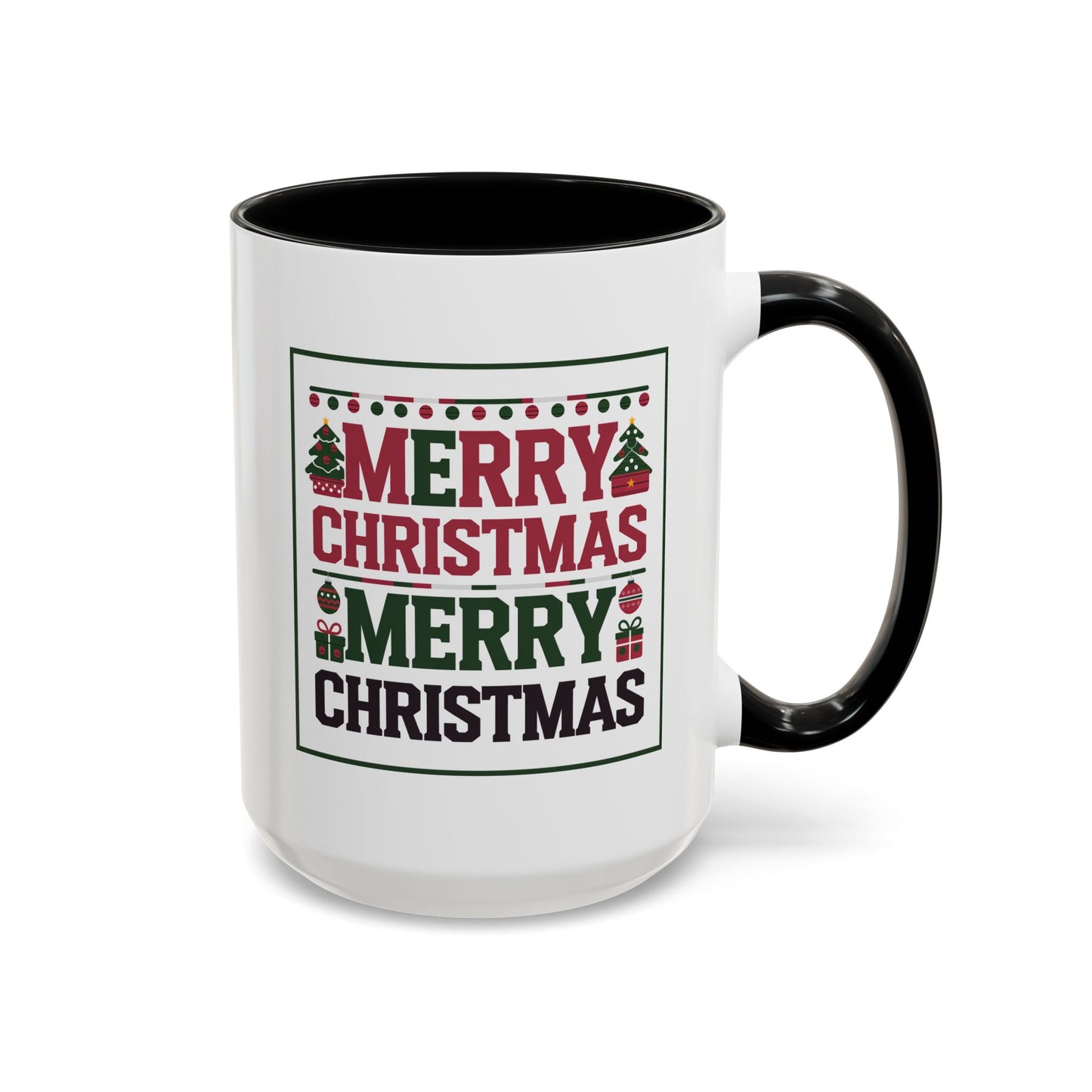 Christmas Mug - Merry Christmas Red Green & Black Text Trees Presents