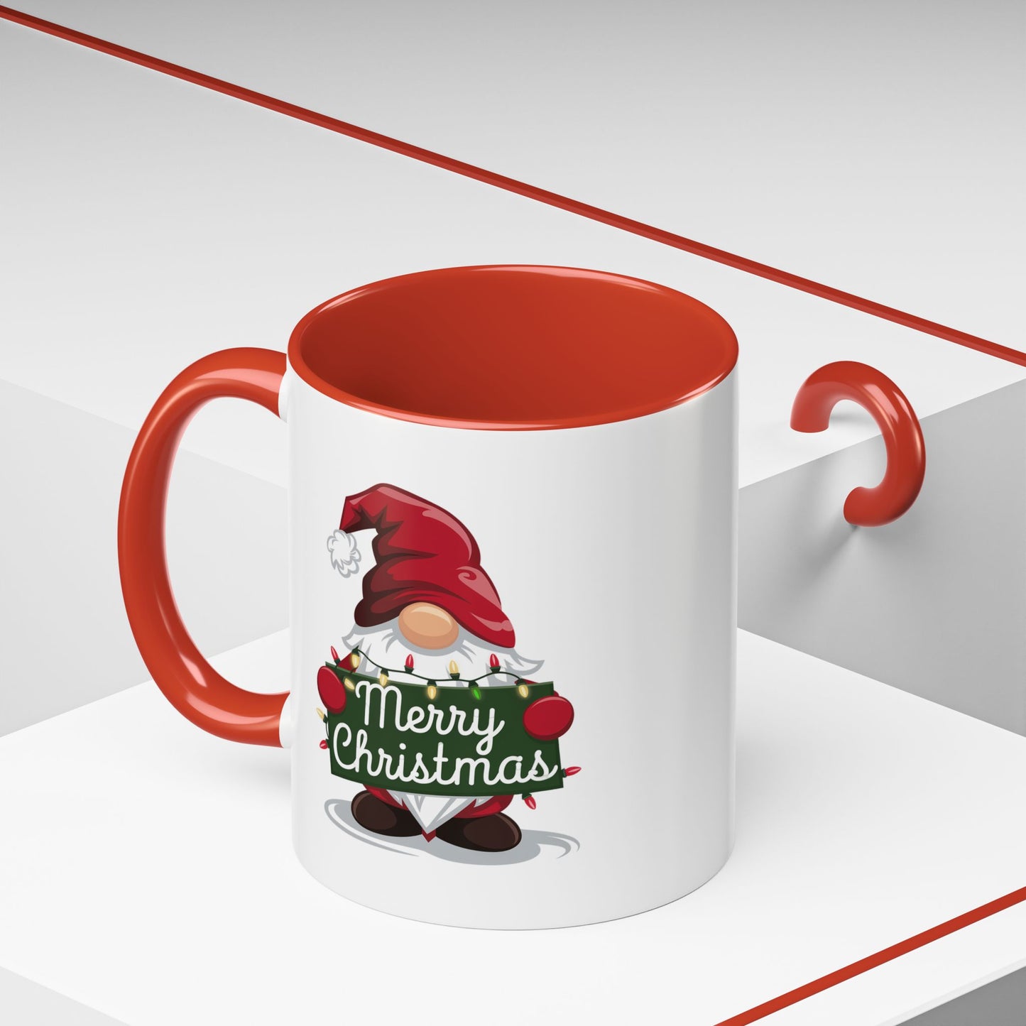 Christmas Mug - Merry Christmas White & Green Text Gnome Lights