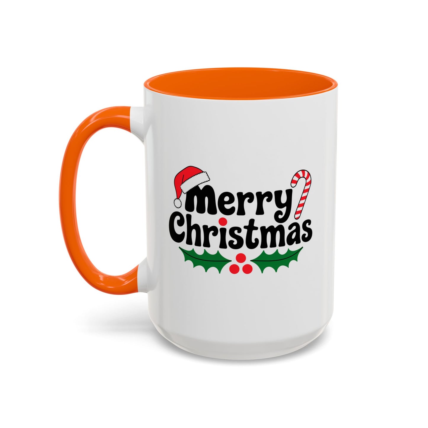 Christmas Mug - Merry Christmas Black Text Hat Candy Cane Mistletoe