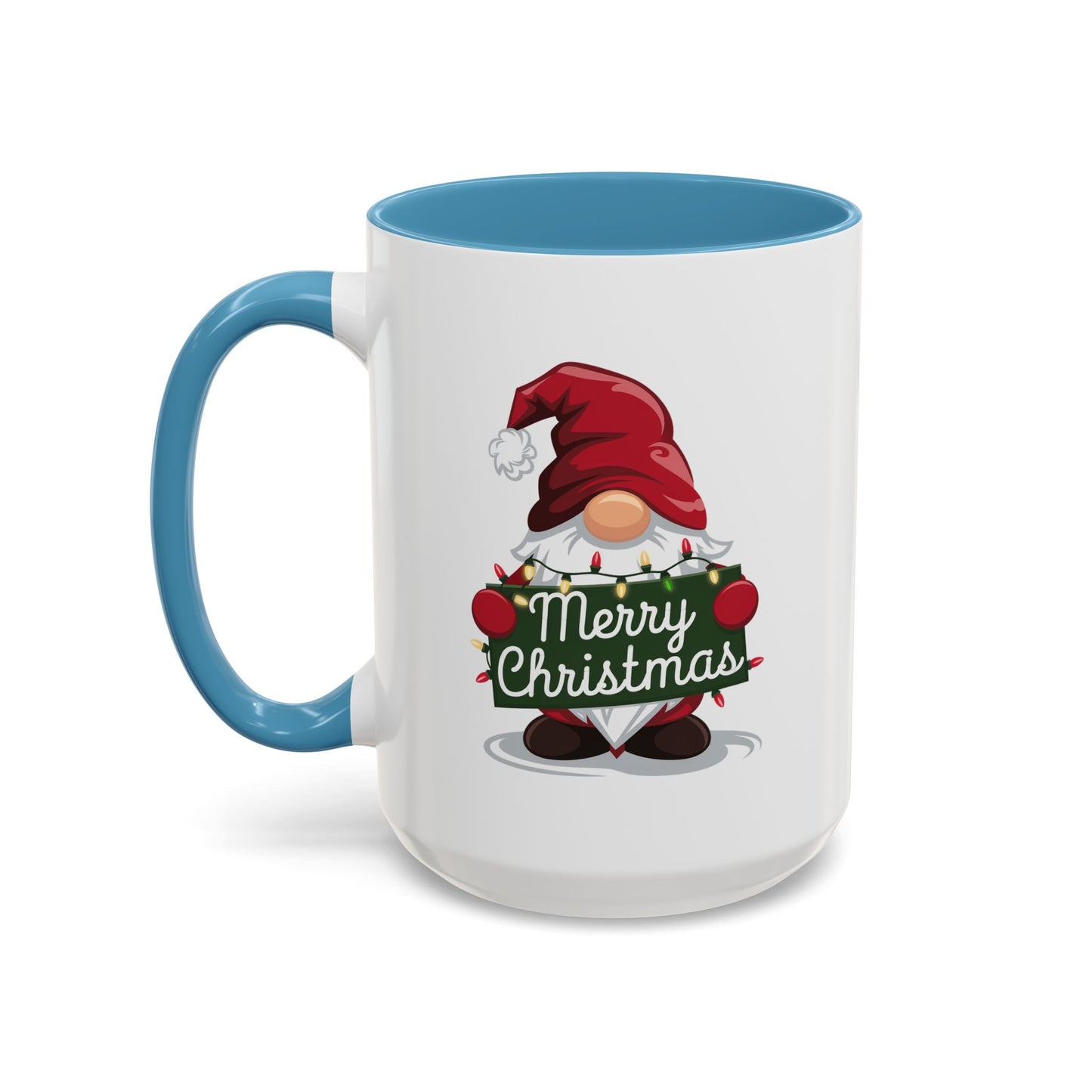 Christmas Mug - Merry Christmas White & Green Text Gnome Lights