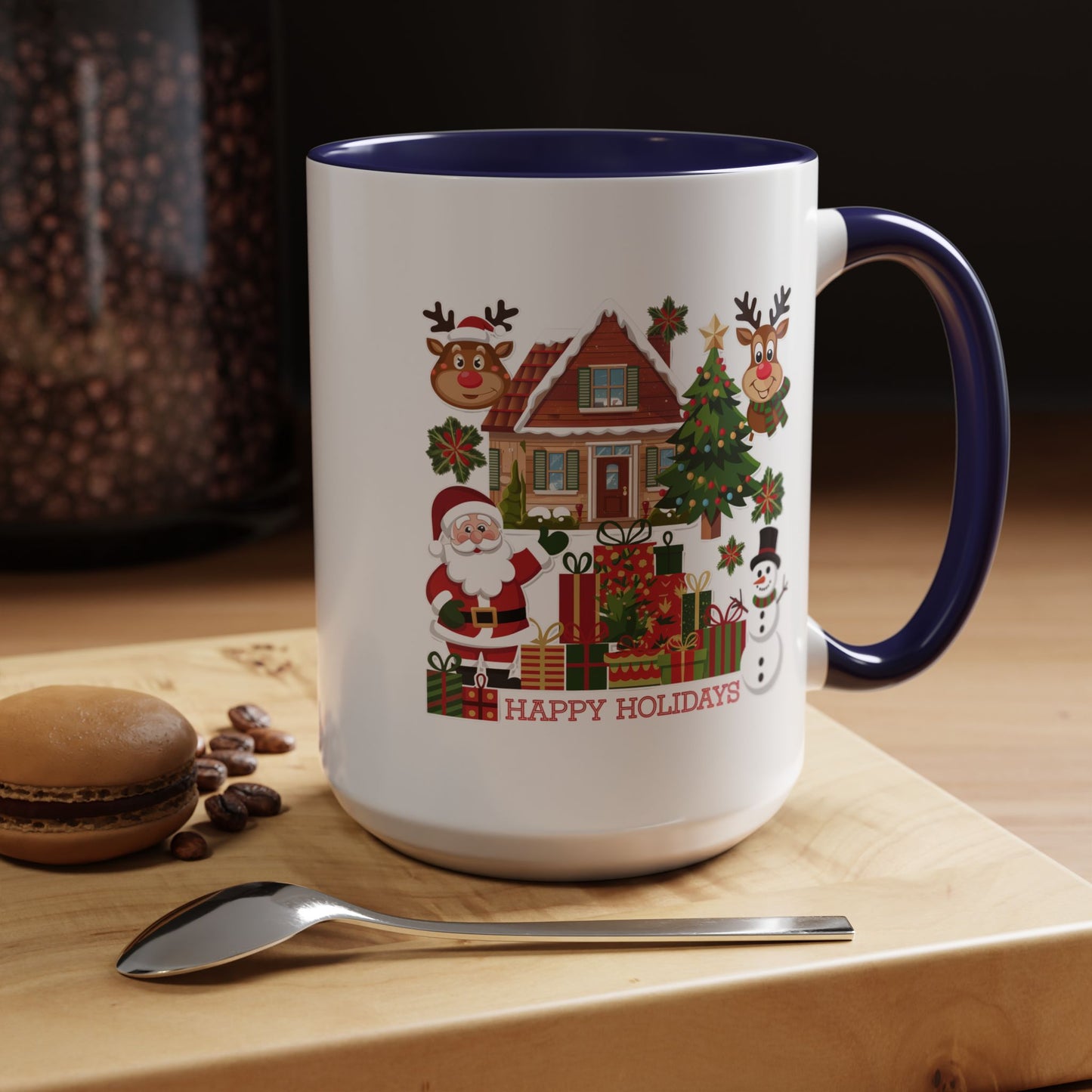 Christmas Mug - Happy Holidays Red Text Reindeer Santa Snowman Presents