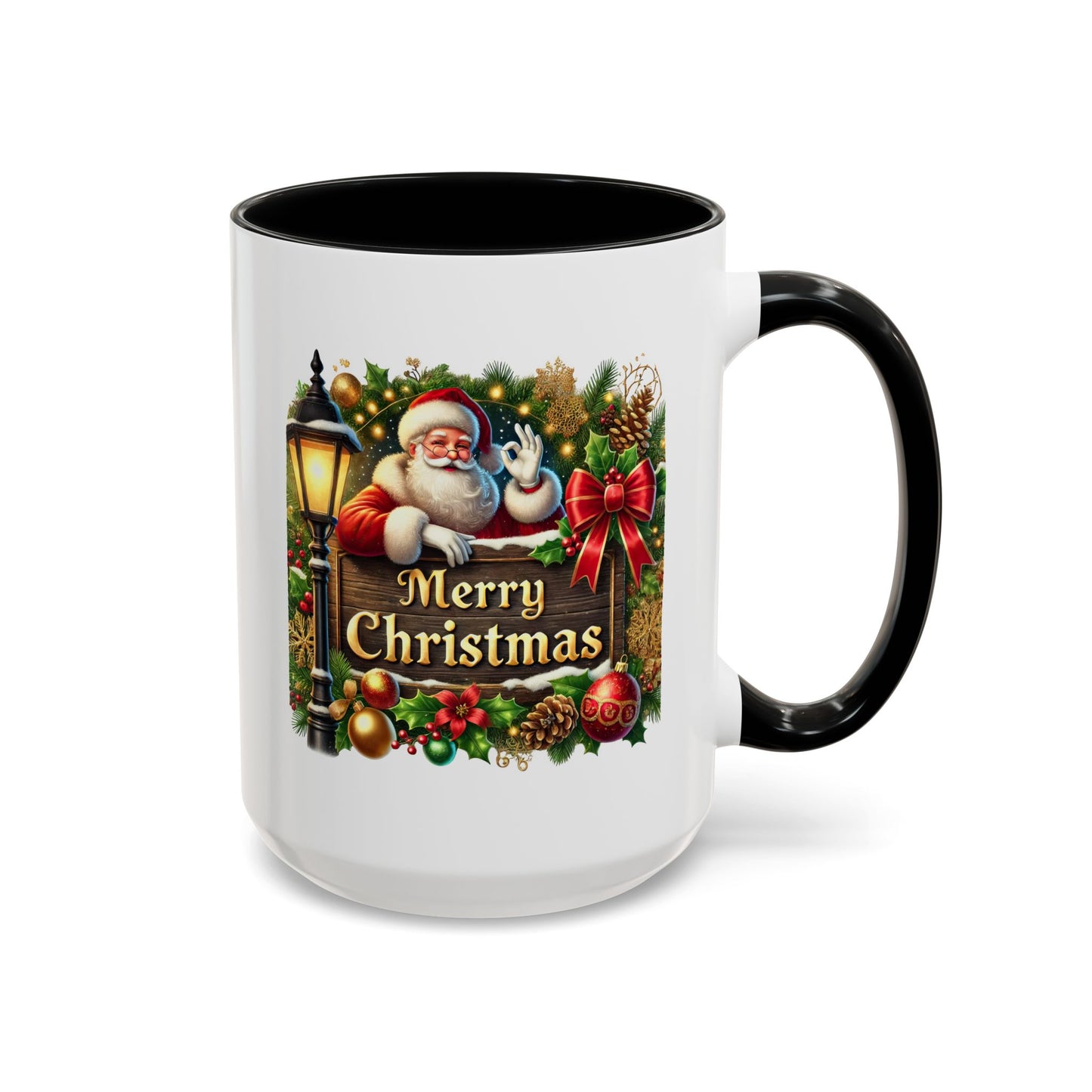 Christmas Mug - Merry Christmas Cream Text Santa Ok Light Bow Ornaments