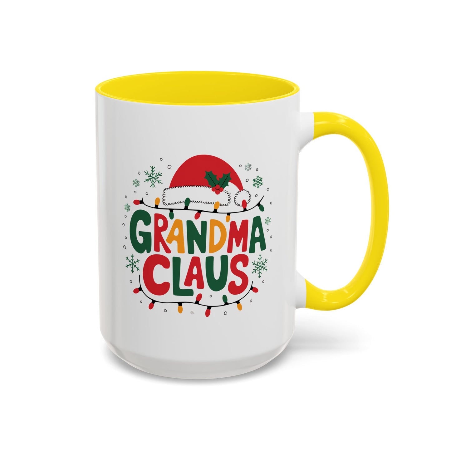 Christmas Mug - Grandma Claus Green Yellow & Red Text Hat Lights Stars