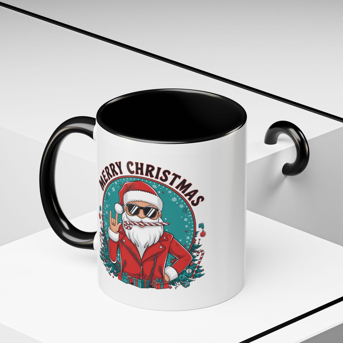 Christmas Mug - Merry Christmas Black & Red Text Cool Santa
