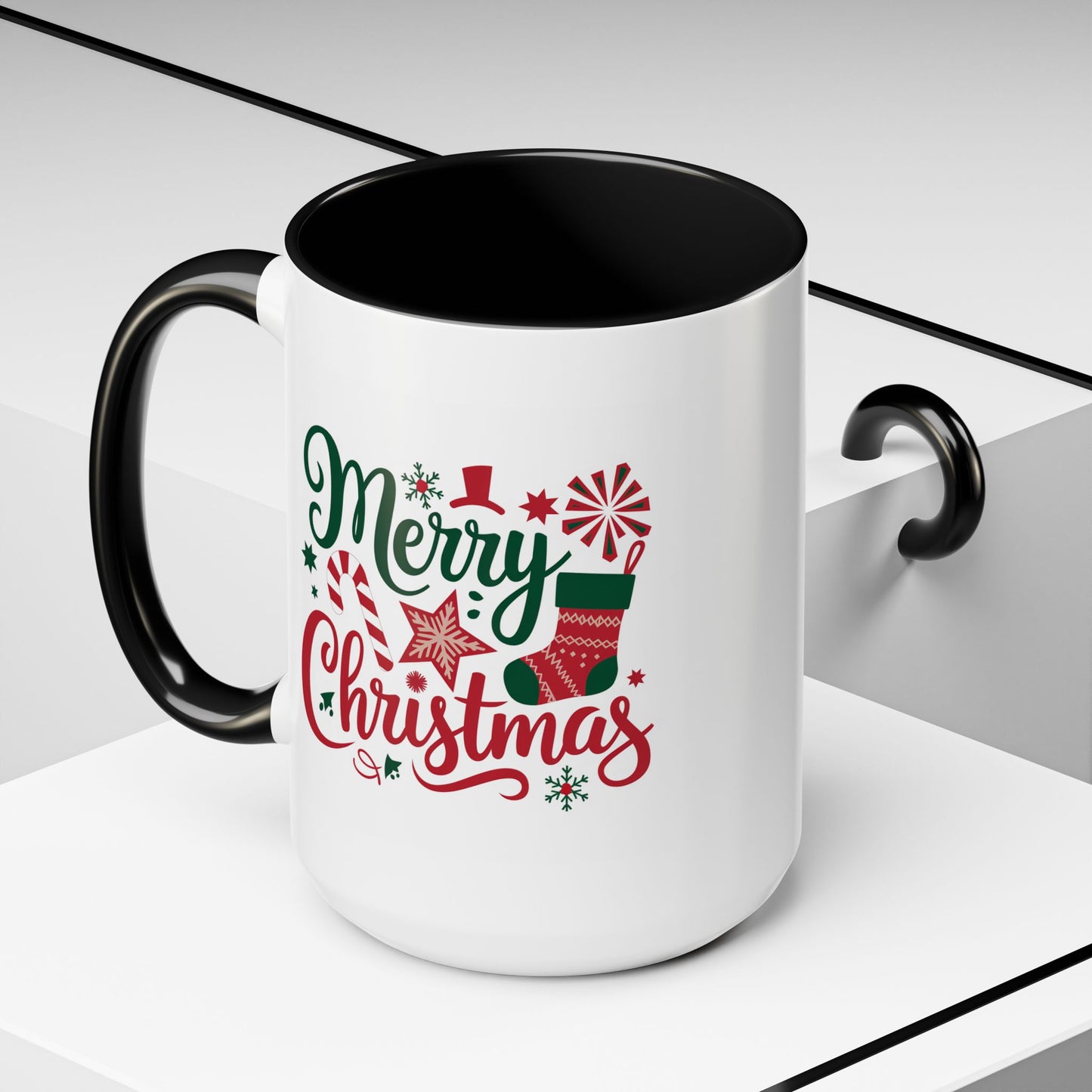 Christmas Mug - Merry Christmas Green & Red Text Star Candy Cane Stocking Snowflake