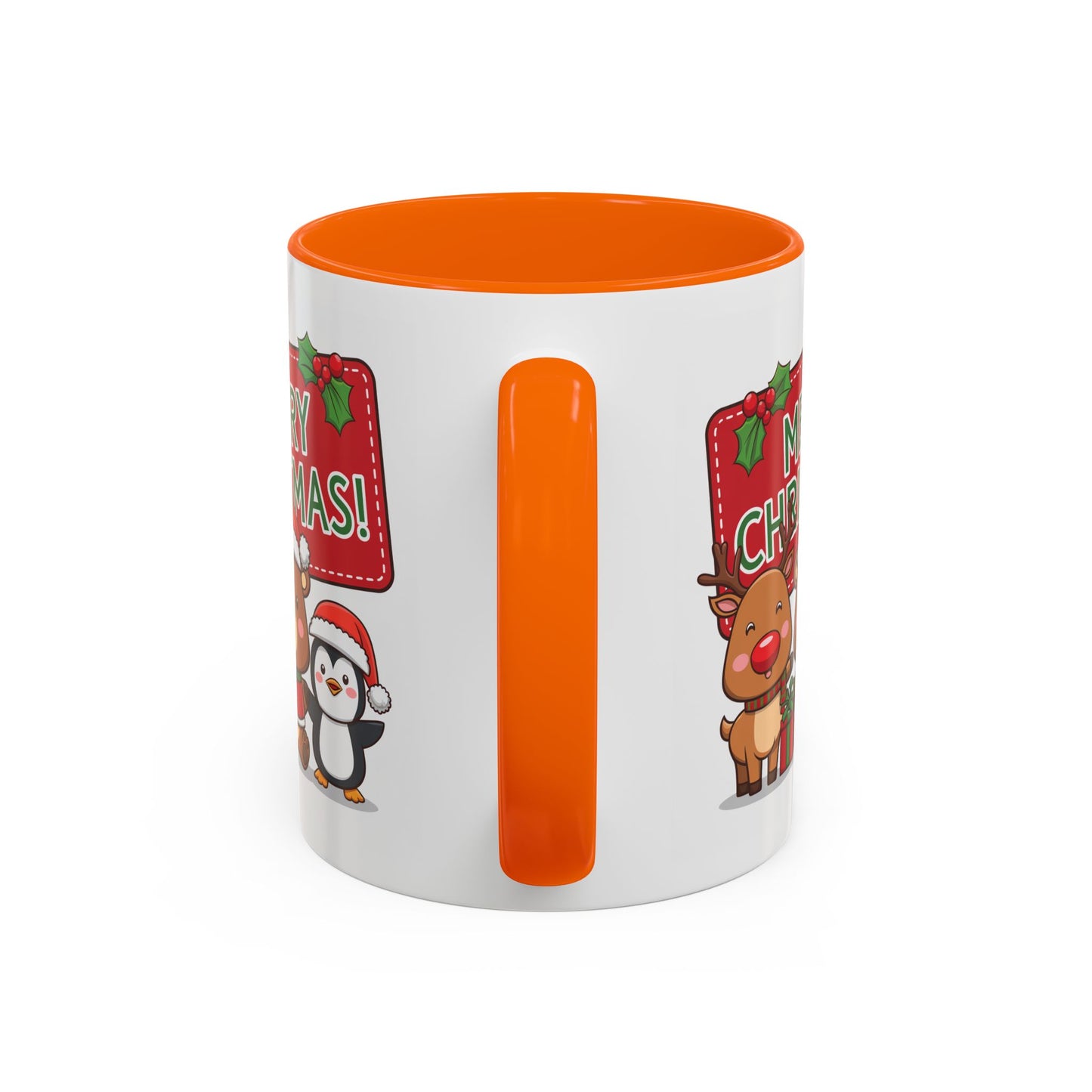 Christmas Mug - Green Text Red Banner Reindeer Bear Penguin