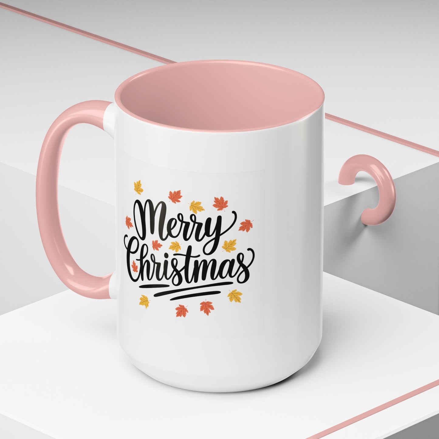 Christmas Mug - Merry Christmas Black Text Fall Leaves