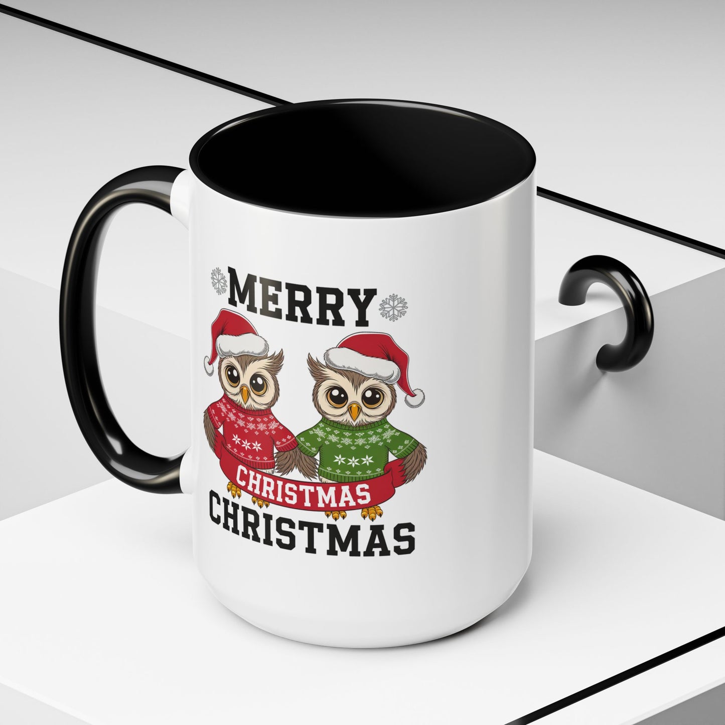 Christmas Mug - Merry Christmas Black Text Owls
