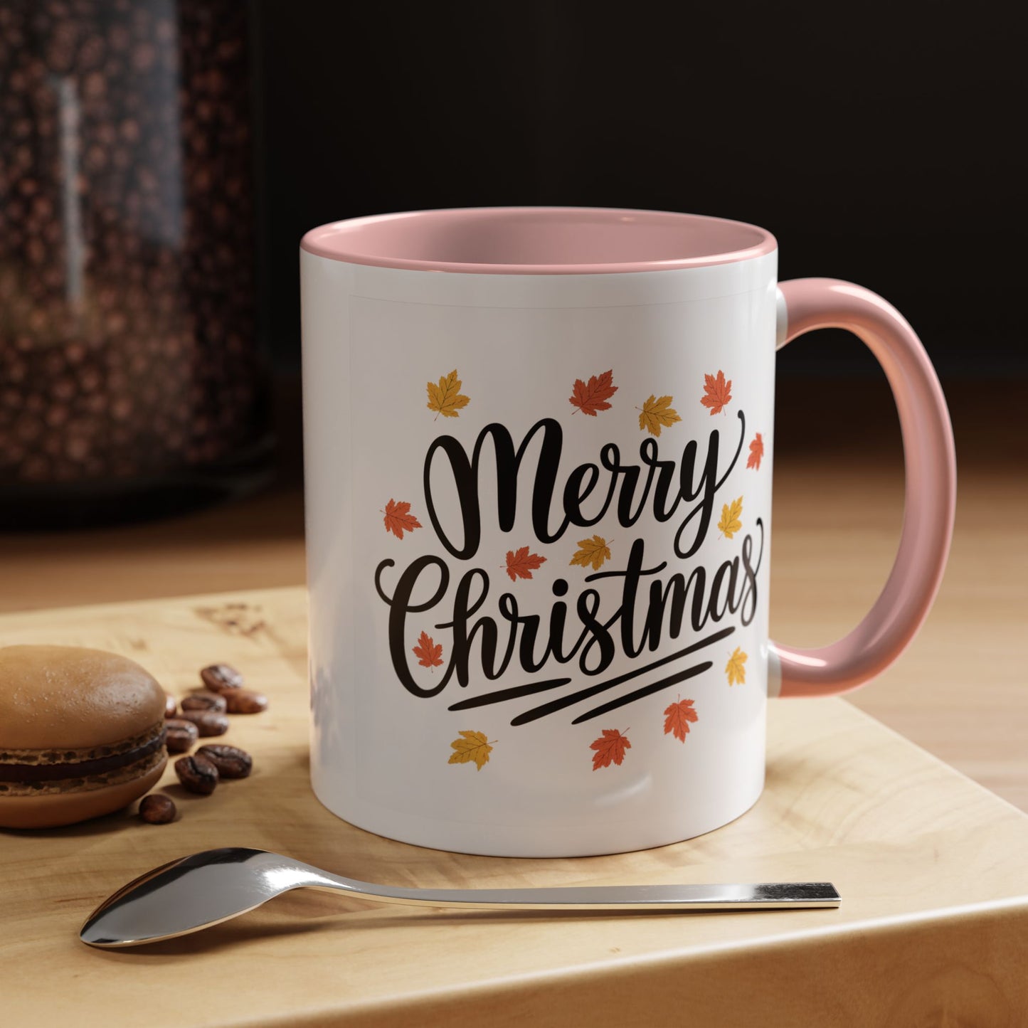 Christmas Mug - Merry Christmas Black Text Fall Leaves