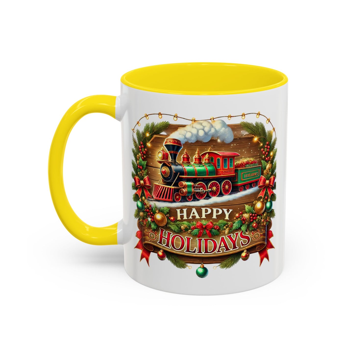 Christmas Mug - Happy Holidays White & Red Text Steam Locomotive