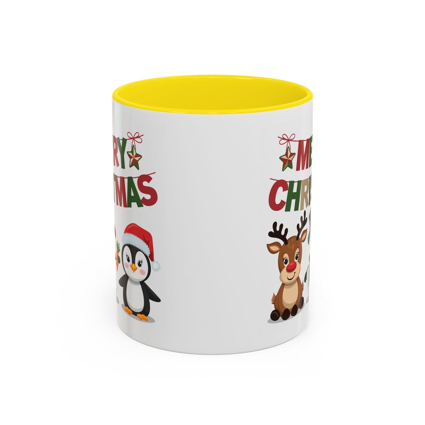 Christmas Mug - Red Green & Gold Text Reindeer Snowman Penguin
