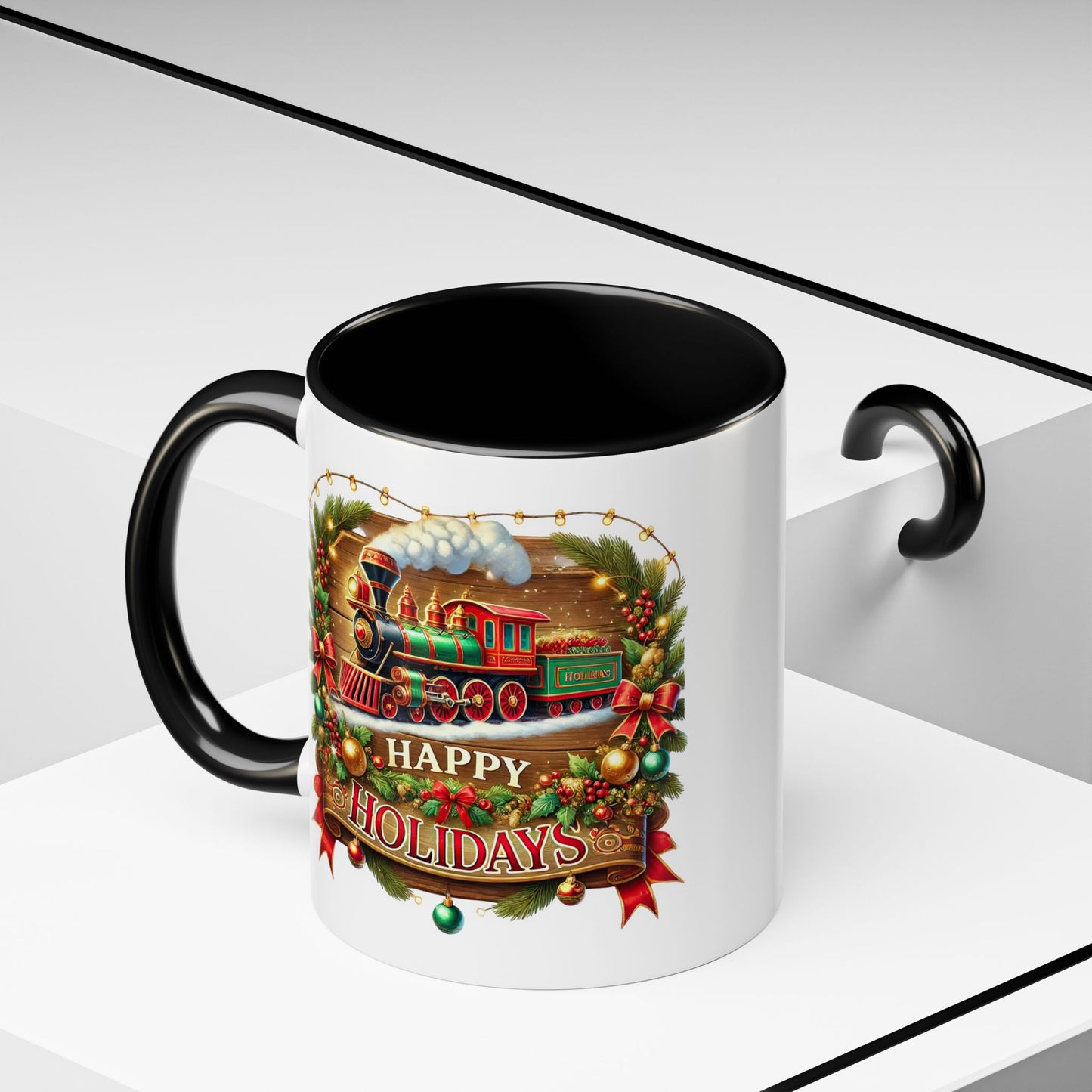Christmas Mug - Happy Holidays White & Red Text Steam Locomotive