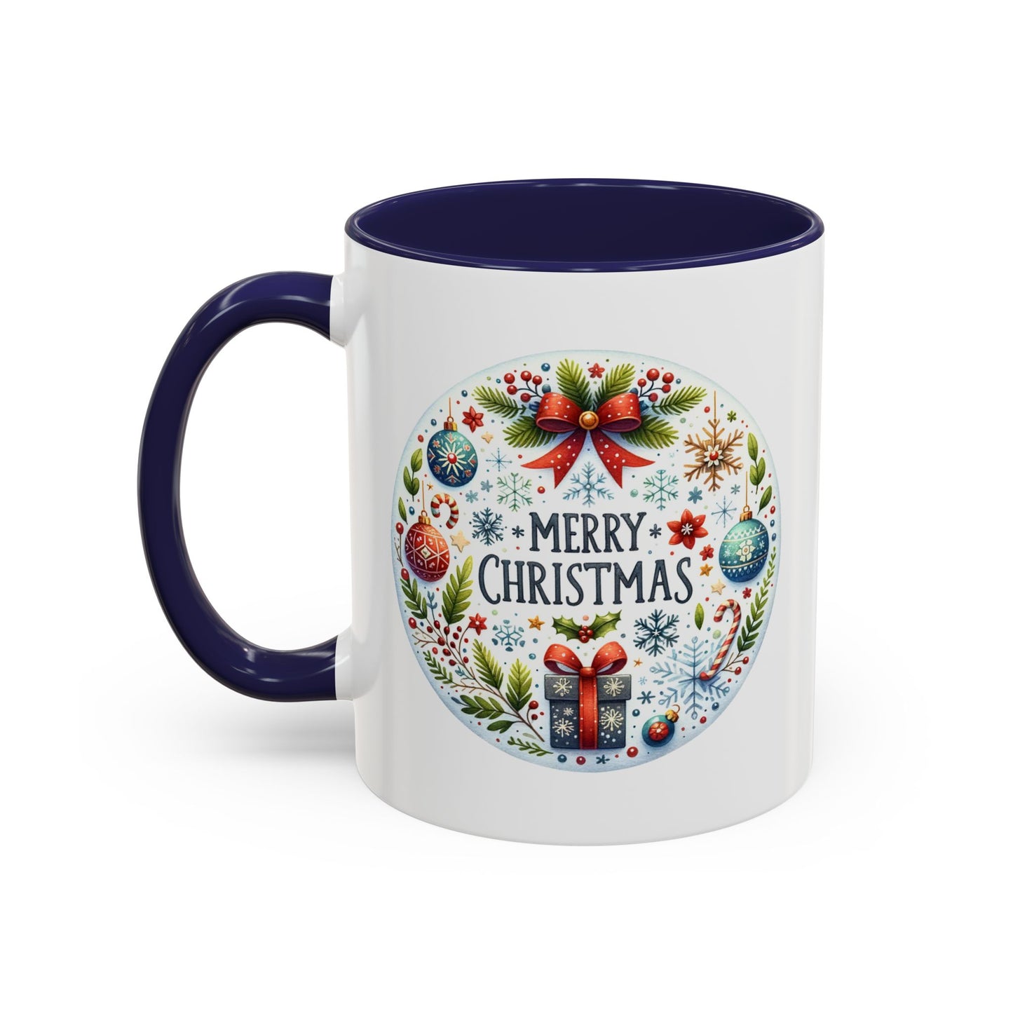 Christmas Mug - Merry Christmas Blue Text Bow Present Ornaments