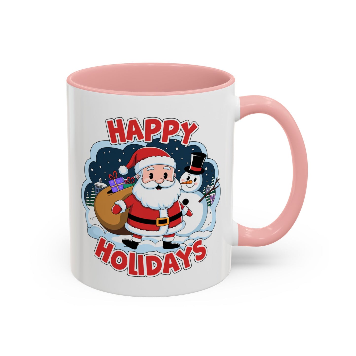 Christmas Mug - Happy Holidays Red & White Text Santa Snowman