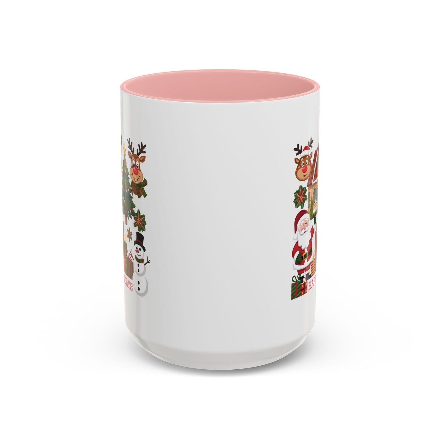 Christmas Mug - Happy Holidays Red Text Reindeer Santa Snowman Presents