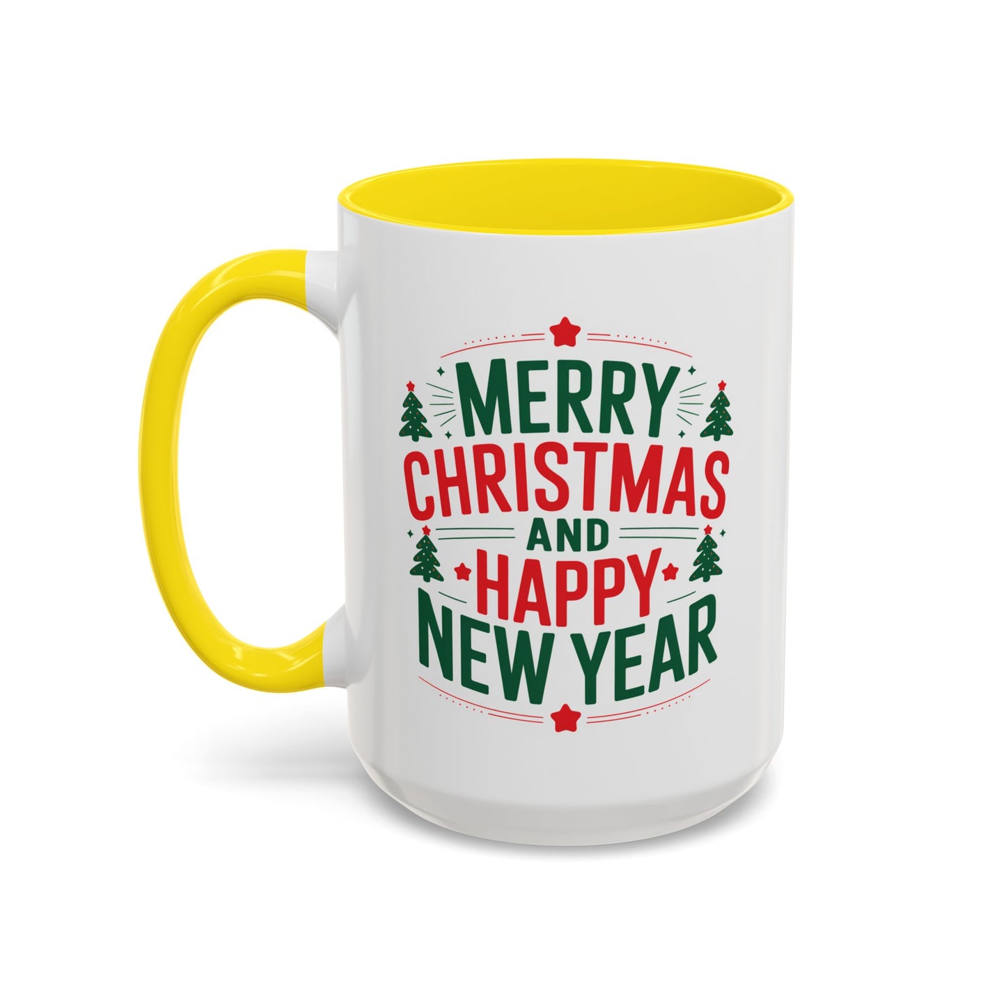 Christmas Mug - Merry Christmas and a Happy New Year Green & Red Text Trees Stars