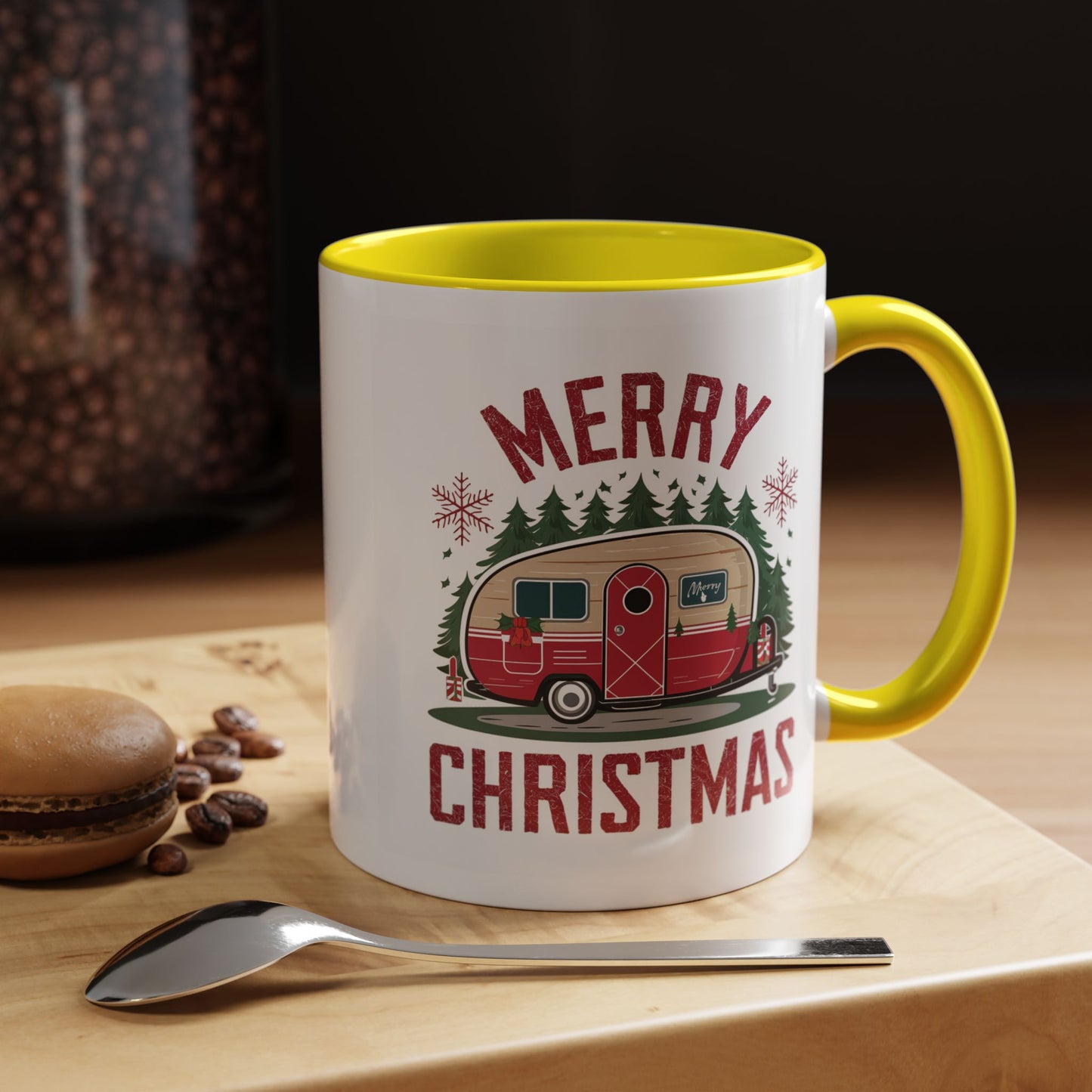 Christmas Mug - Merry Christmas Maroon Text Camper Trees Snowflakes