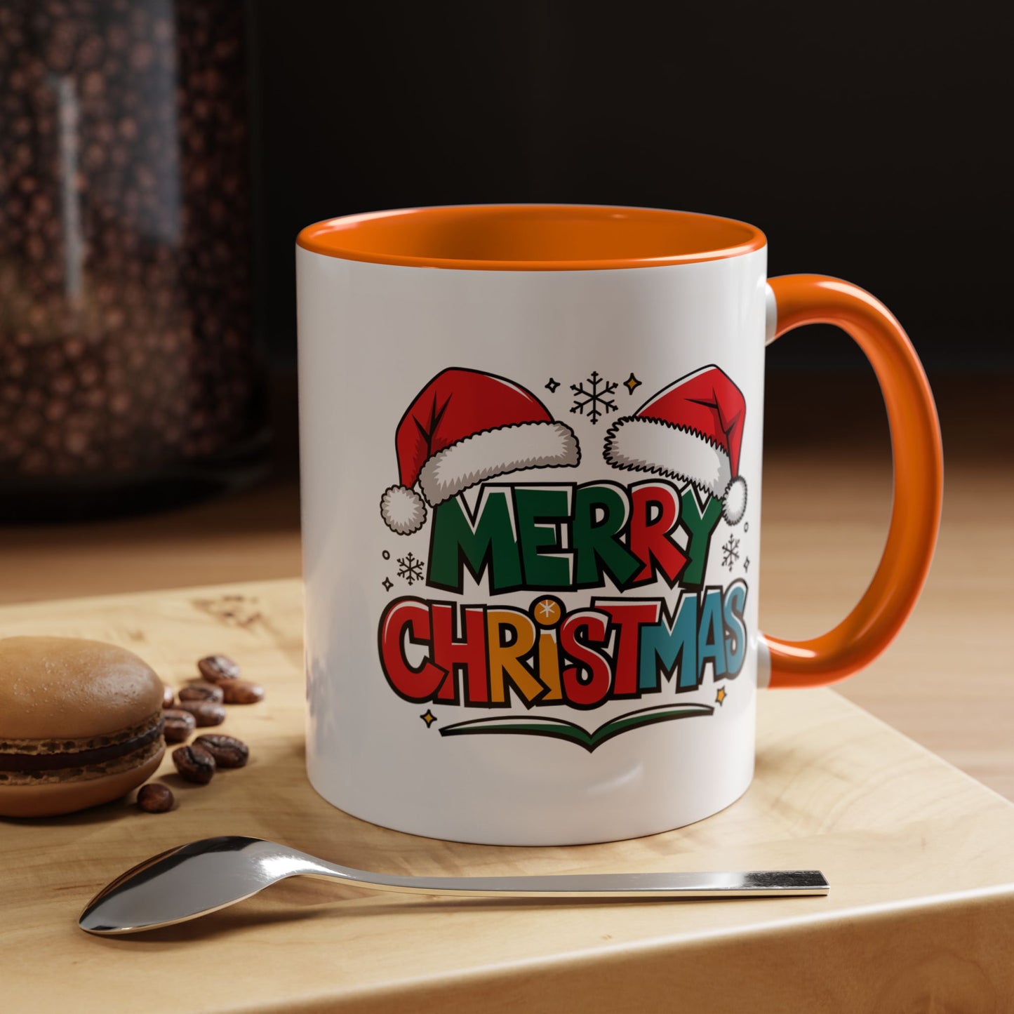 Christmas Mug - Merry Christmas Green Red Yellow and Blue Text Red Hats