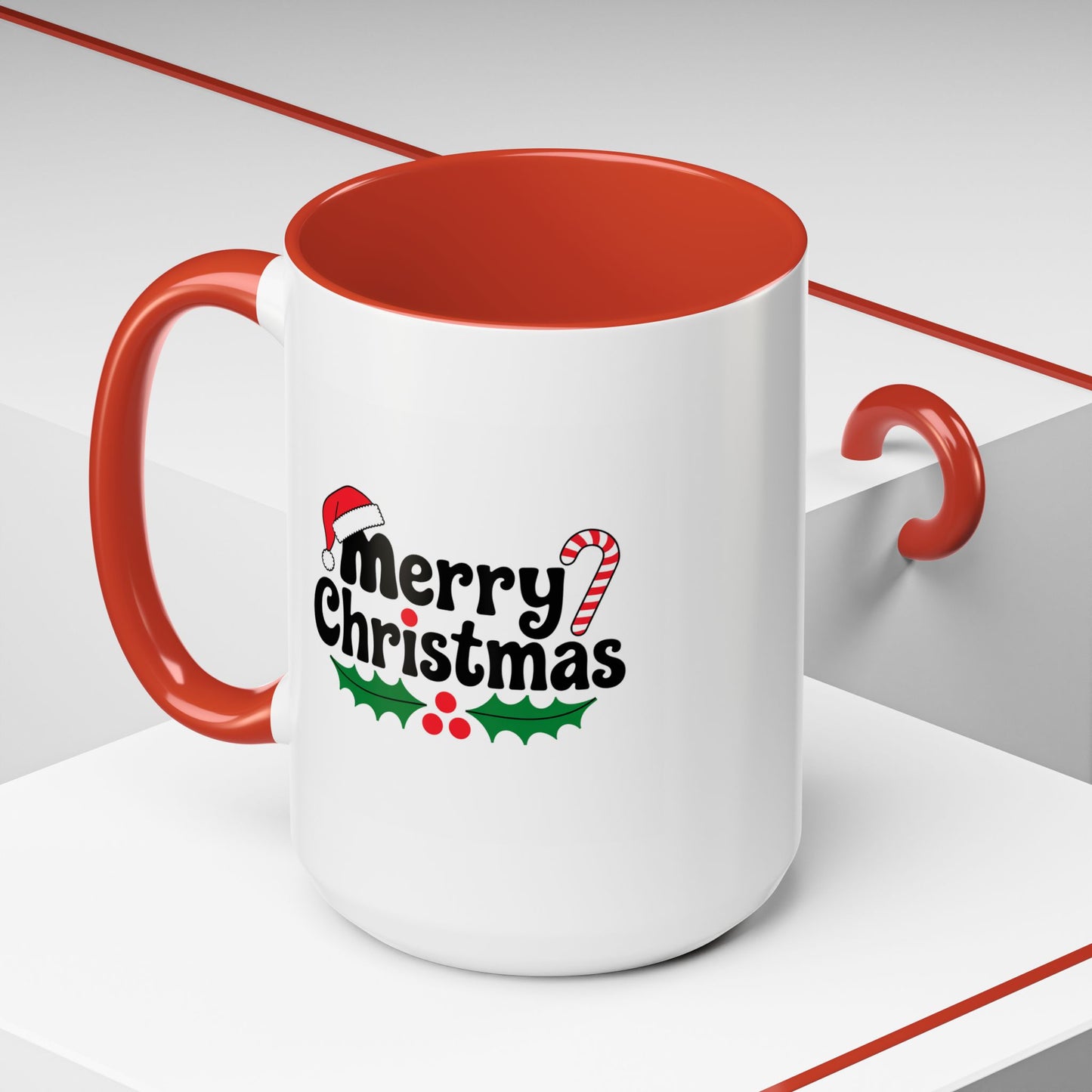 Christmas Mug - Merry Christmas Black Text Hat Cane Misletoe