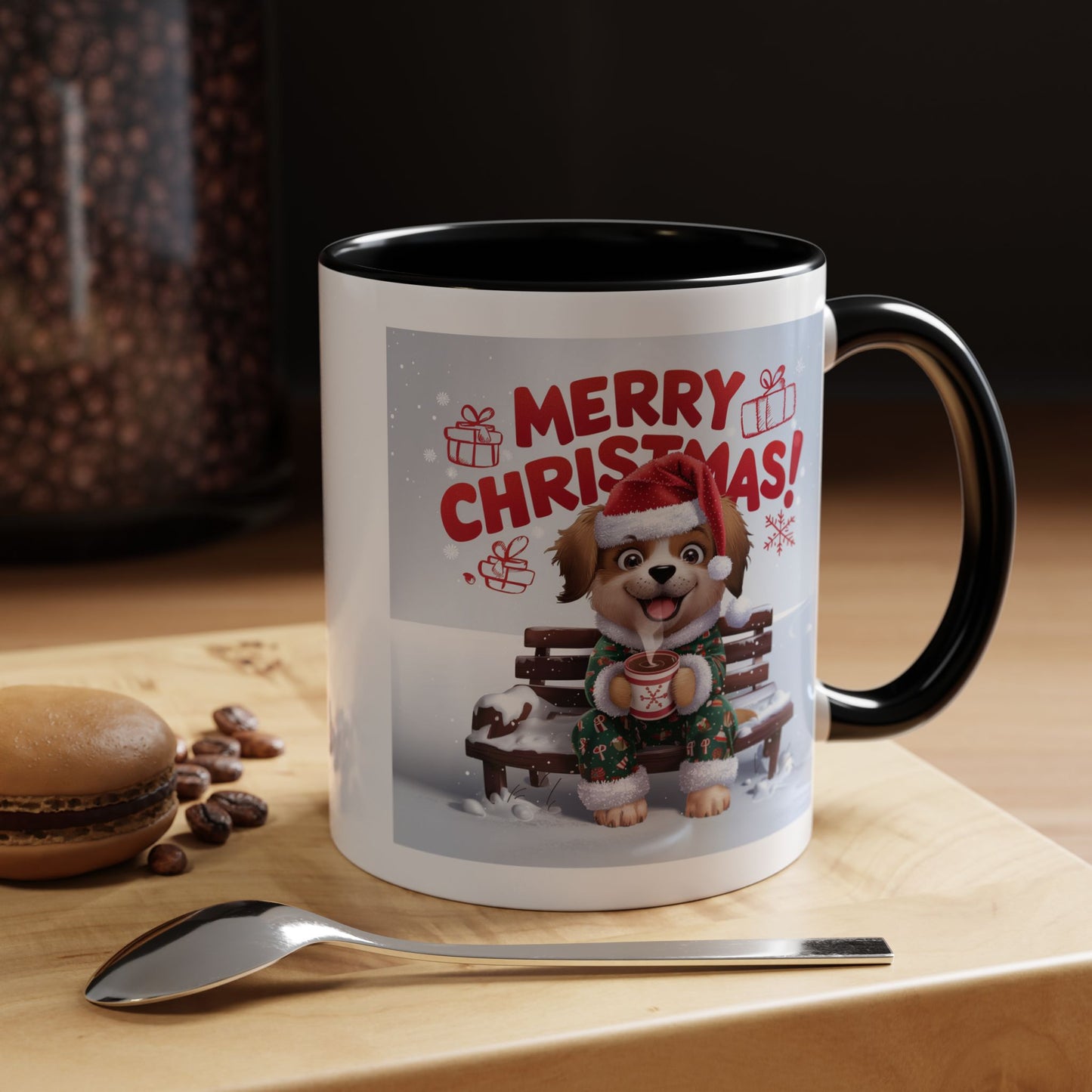 Christmas Mug - Merry Christmas Red Text Puppy Green Top 2