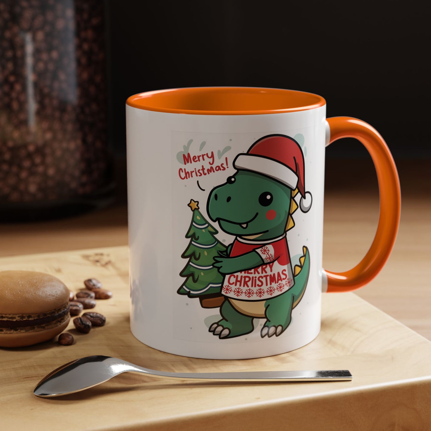 Christmas Mug - Merry Christmas Red Text Dinosaur Tree