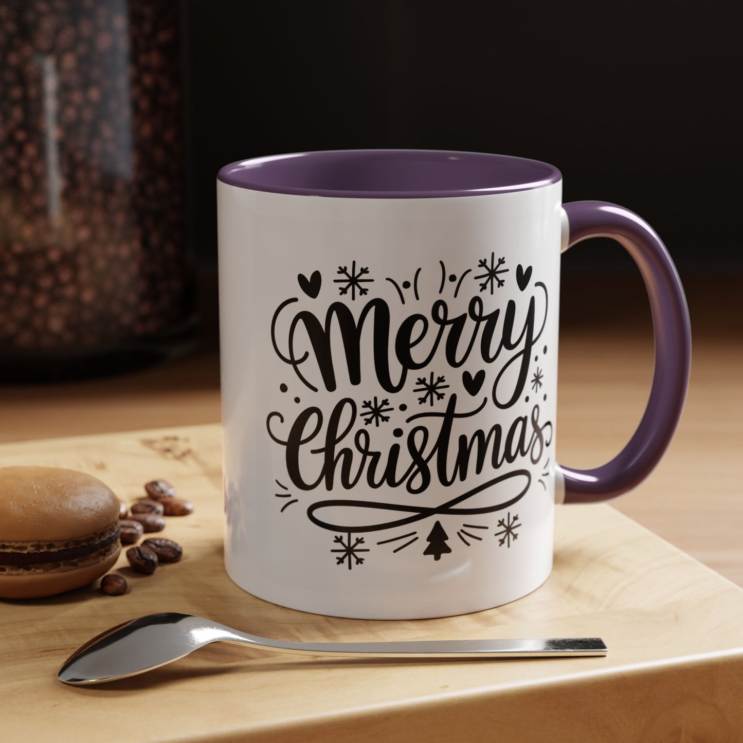 Christmas Mug - Merry Christmas Black Text Tree Snowflakes Hearts