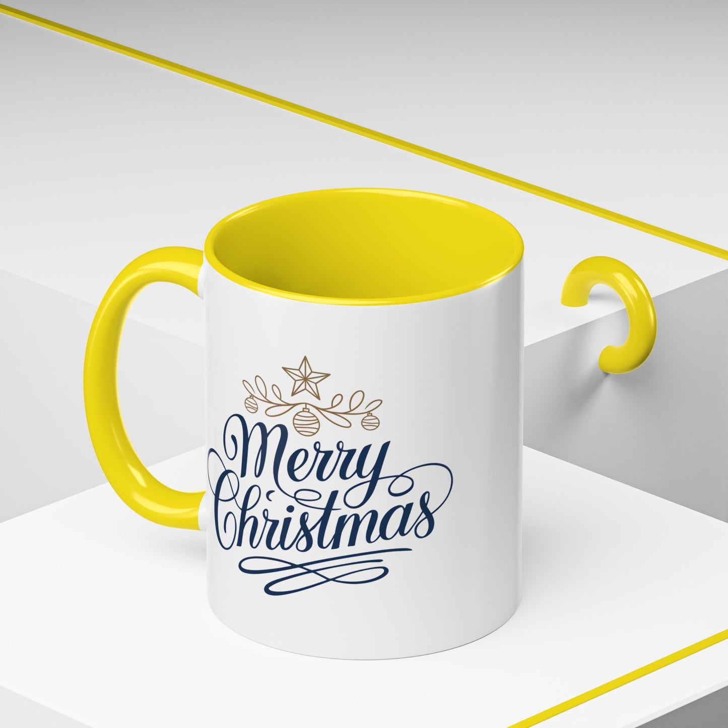 Christmas Mug - Merry Christmas Blue Text Gold Ornaments