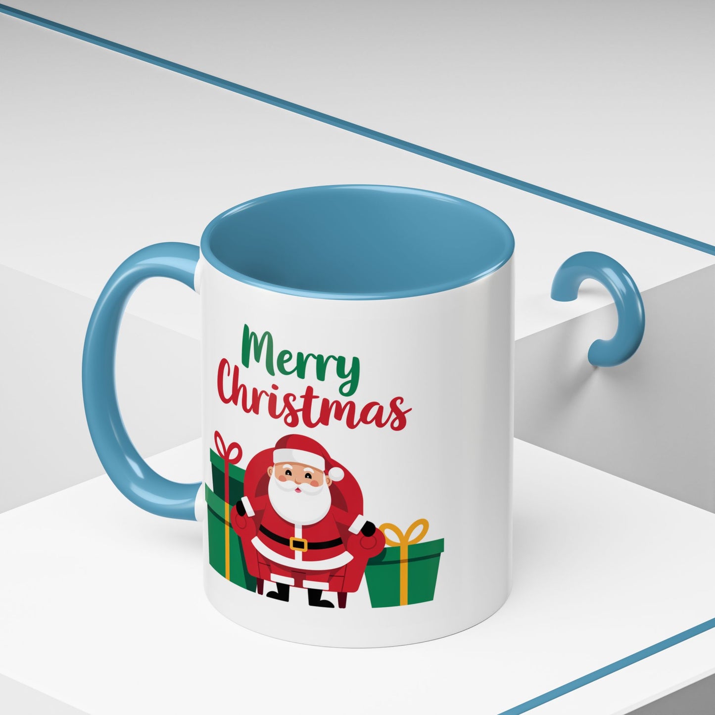 Christmas Mug - Merry Christmas Green & Red Text Santa Presents