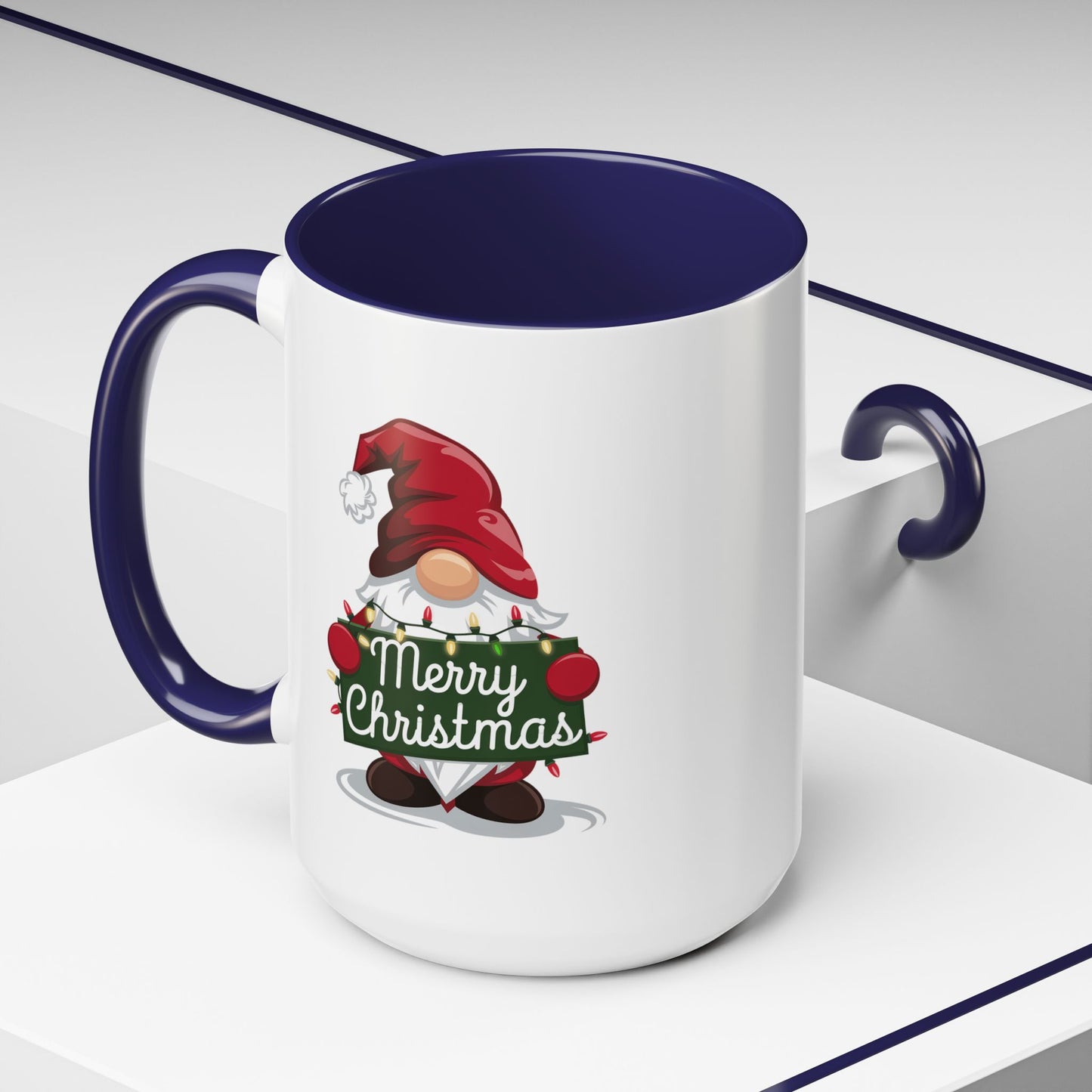 Christmas Mug - Merry Christmas White & Green Text Gnome Lights