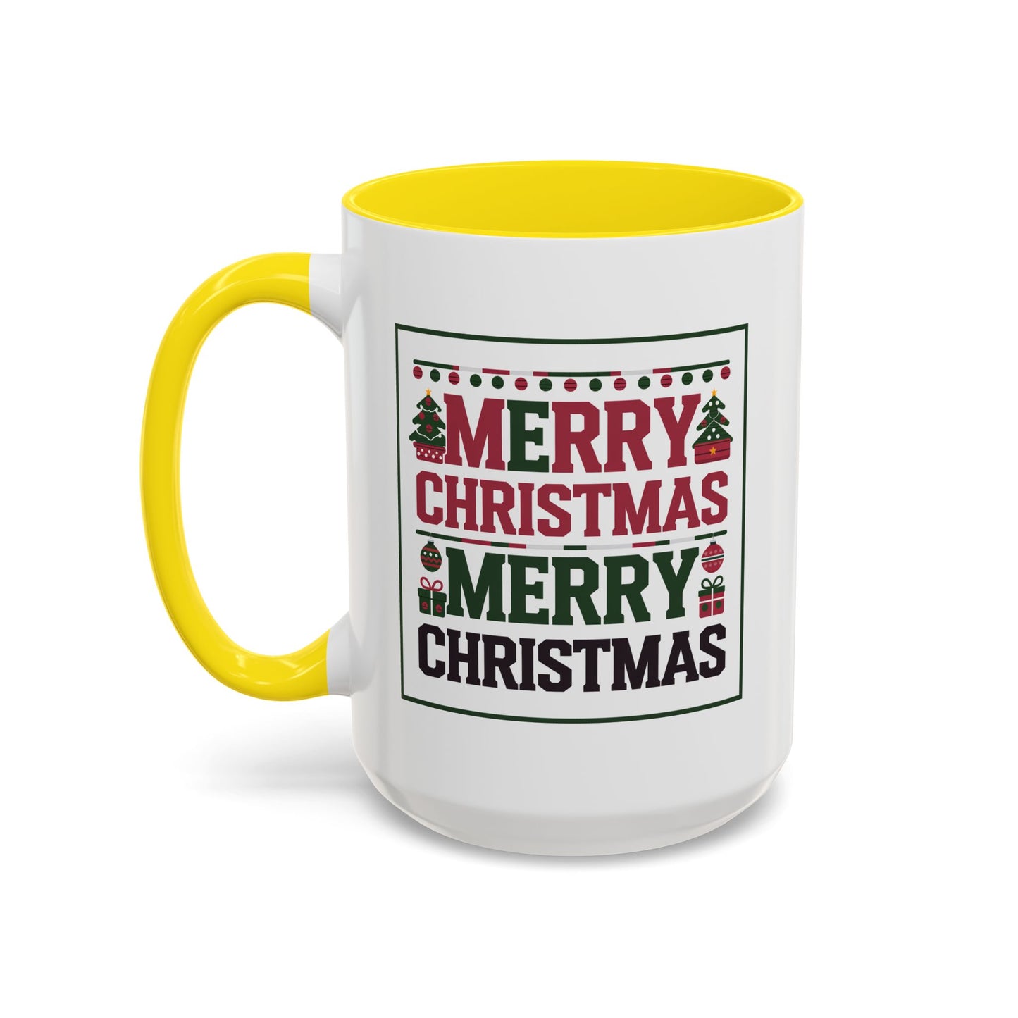 Christmas Mug - Merry Christmas Red Green & Black Text Trees Presents