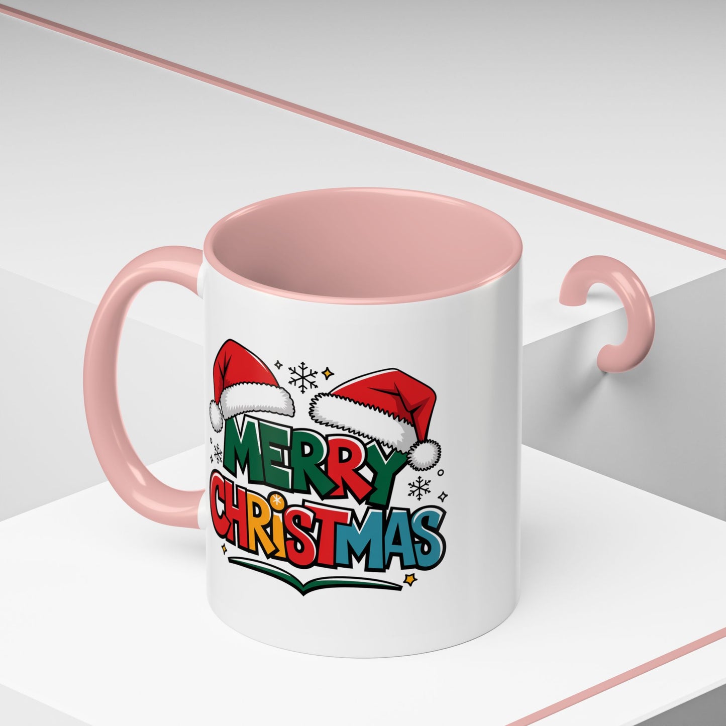 Christmas Mug - Merry Christmas Green Red Yellow and Blue Text Red Hats