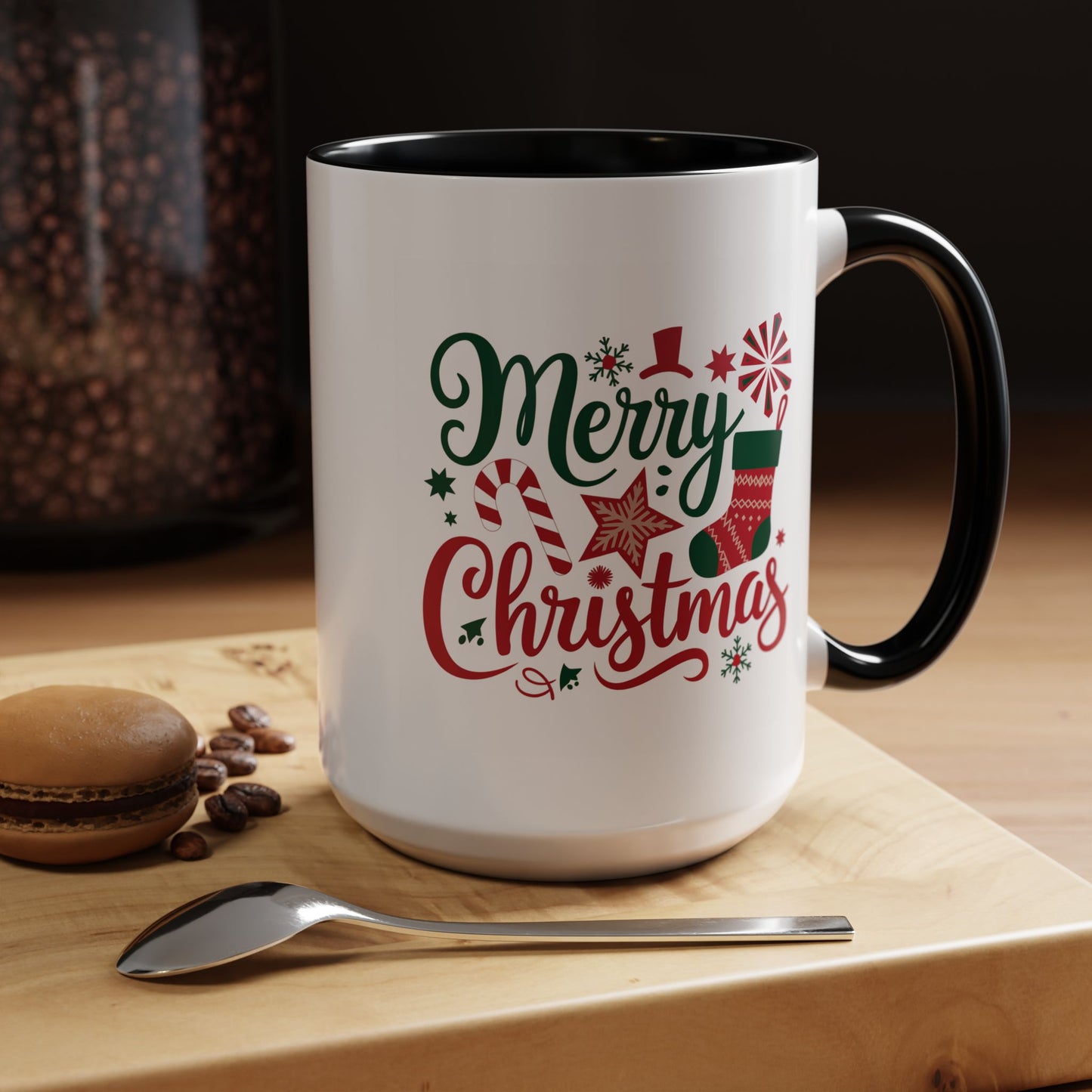 Christmas Mug - Merry Christmas Green & Red Text Star Candy Cane Stocking Snowflake
