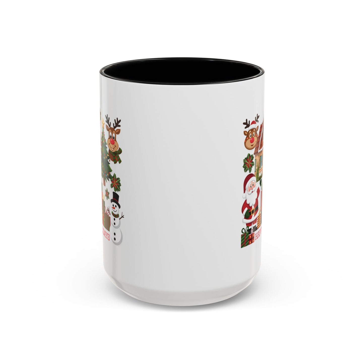 Christmas Mug - Happy Holidays Red Text Reindeer Santa Snowman Presents