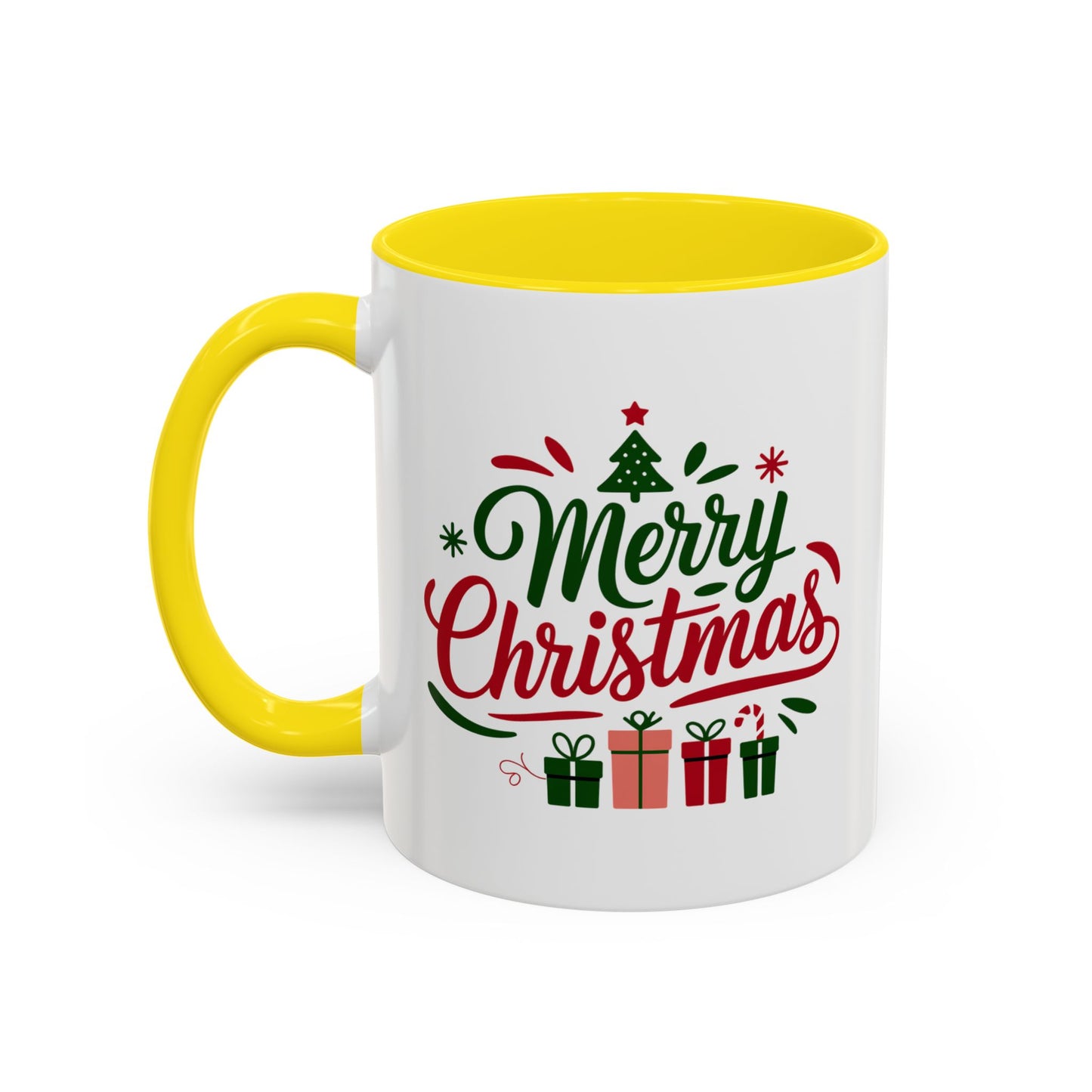 Christmas Mug - Merry Christmas Green & Red Text Tree Snowflakes Presents