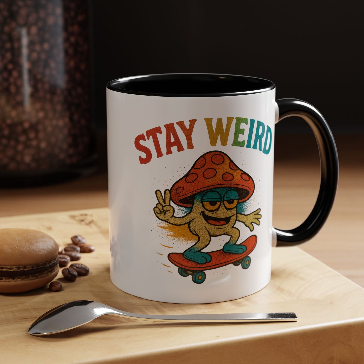 Humor Mug - Stay Weird Mushroom Skateboard