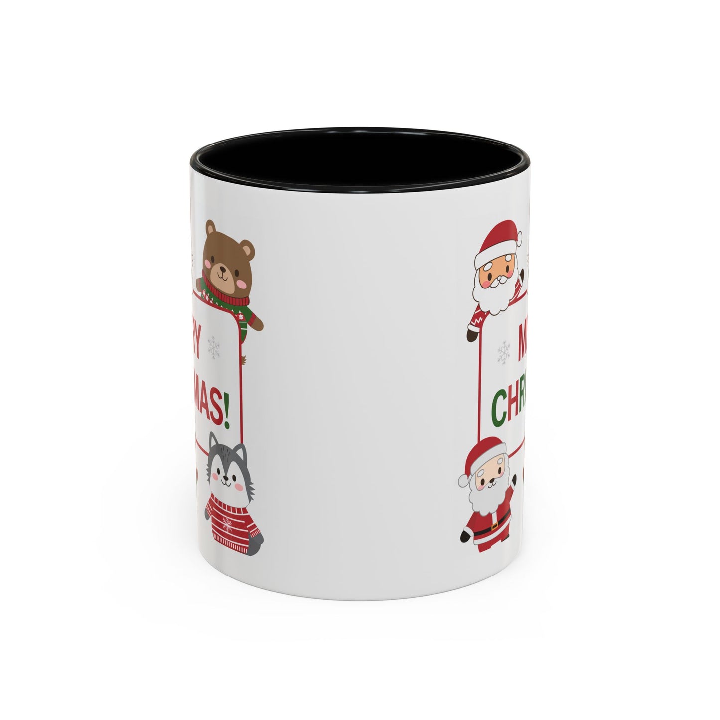 Christmas Mug - Merry Christmas Red & Green Text Santa Cute Animals