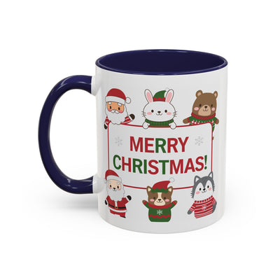 Christmas Mug - Merry Christmas Red & Green Text Santa Cute Animals