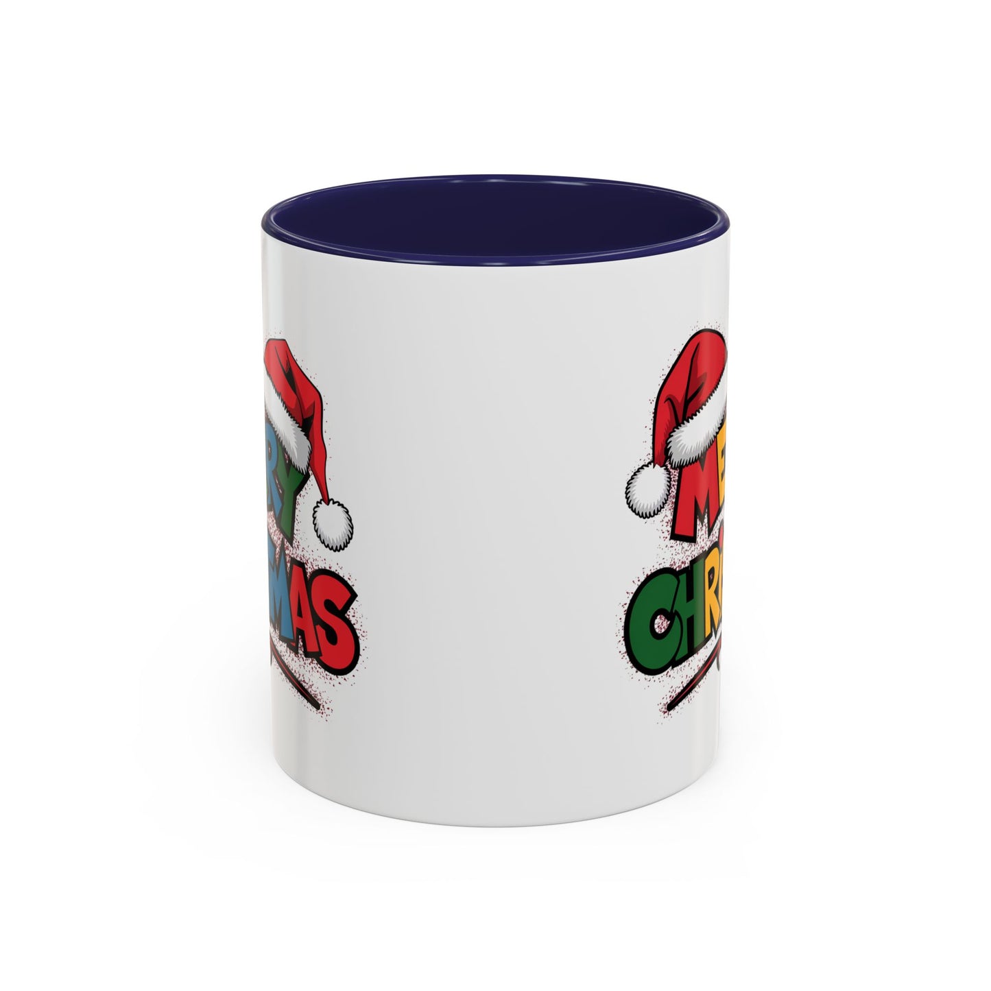 Christmas Mug - Merry Christmas Red Yellow & Blue Text Red Hats