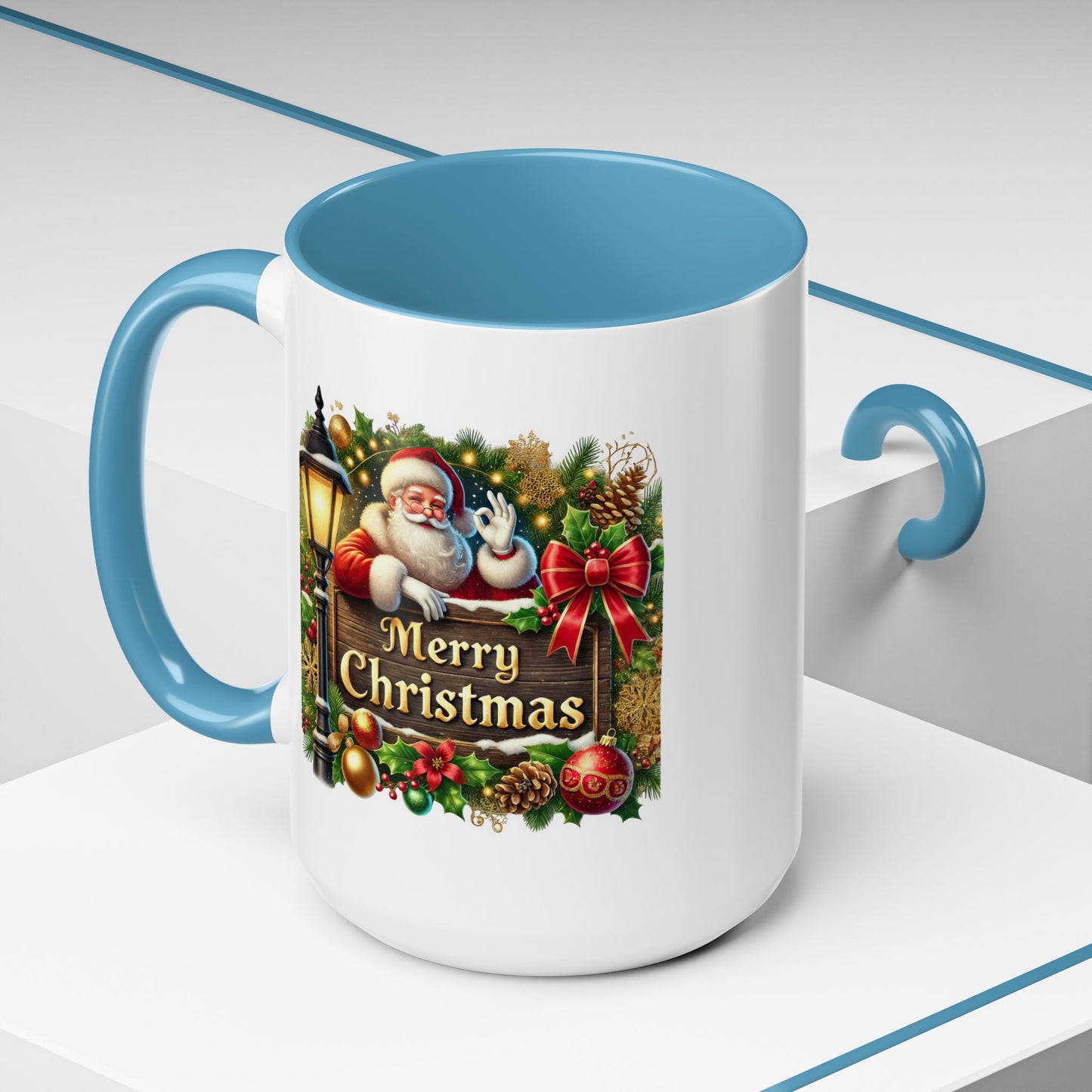 Christmas Mug - Merry Christmas Cream Text Santa Ok Light Bow Ornaments
