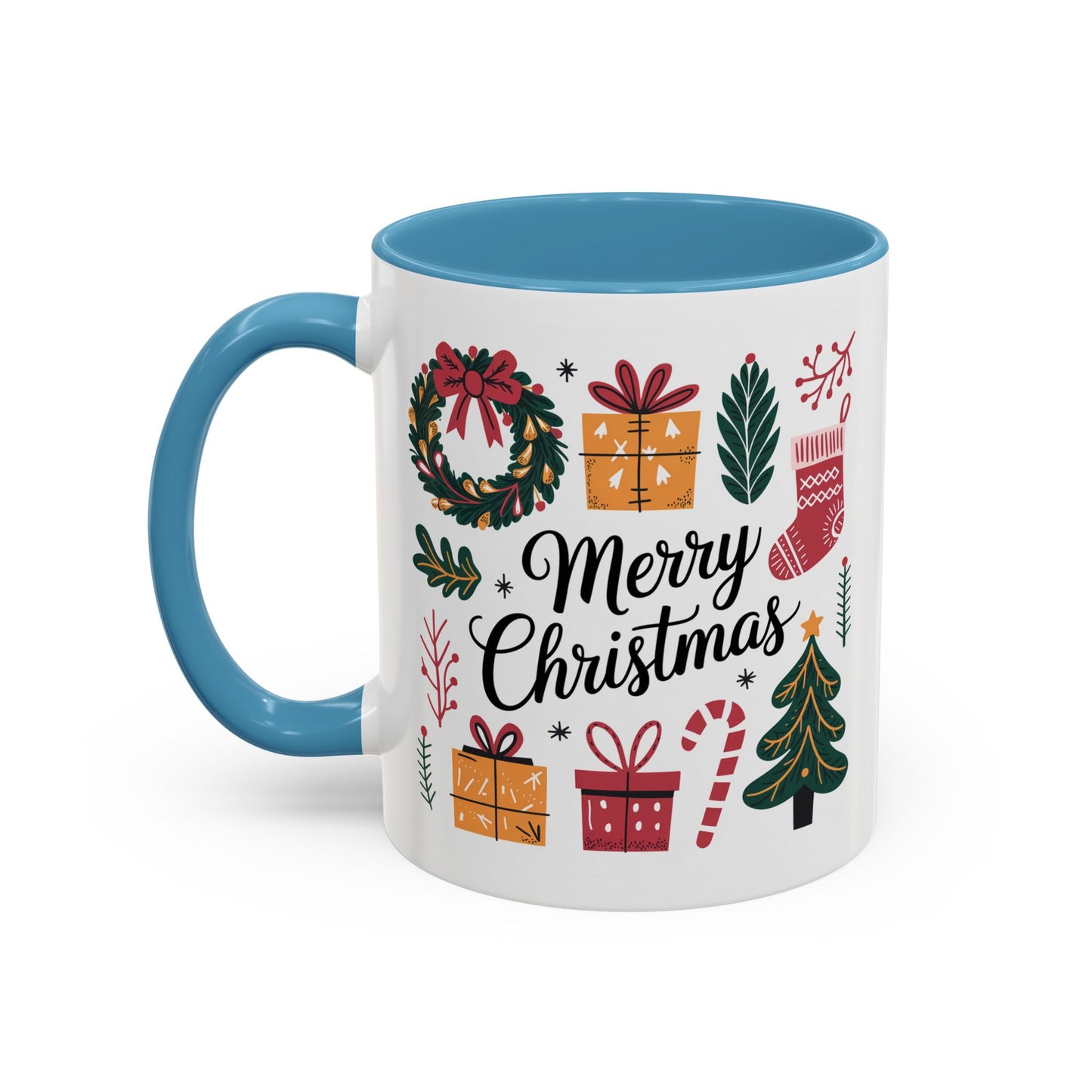 Christmas Mug - Merry Christmas Green Text Presents Tree Candy Cane