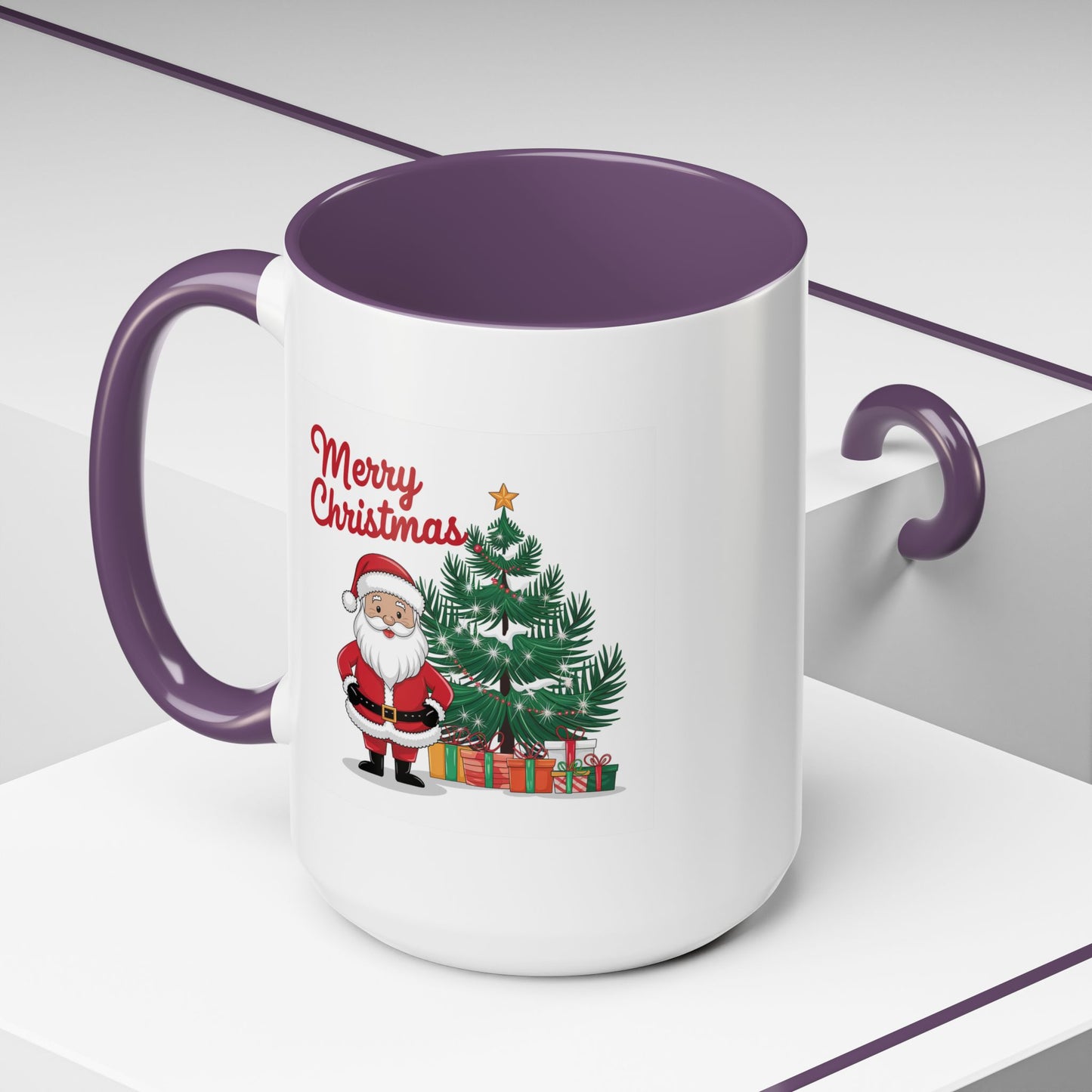 Christmas Mug - Merry Christmas Red Text Santa Tree Presents