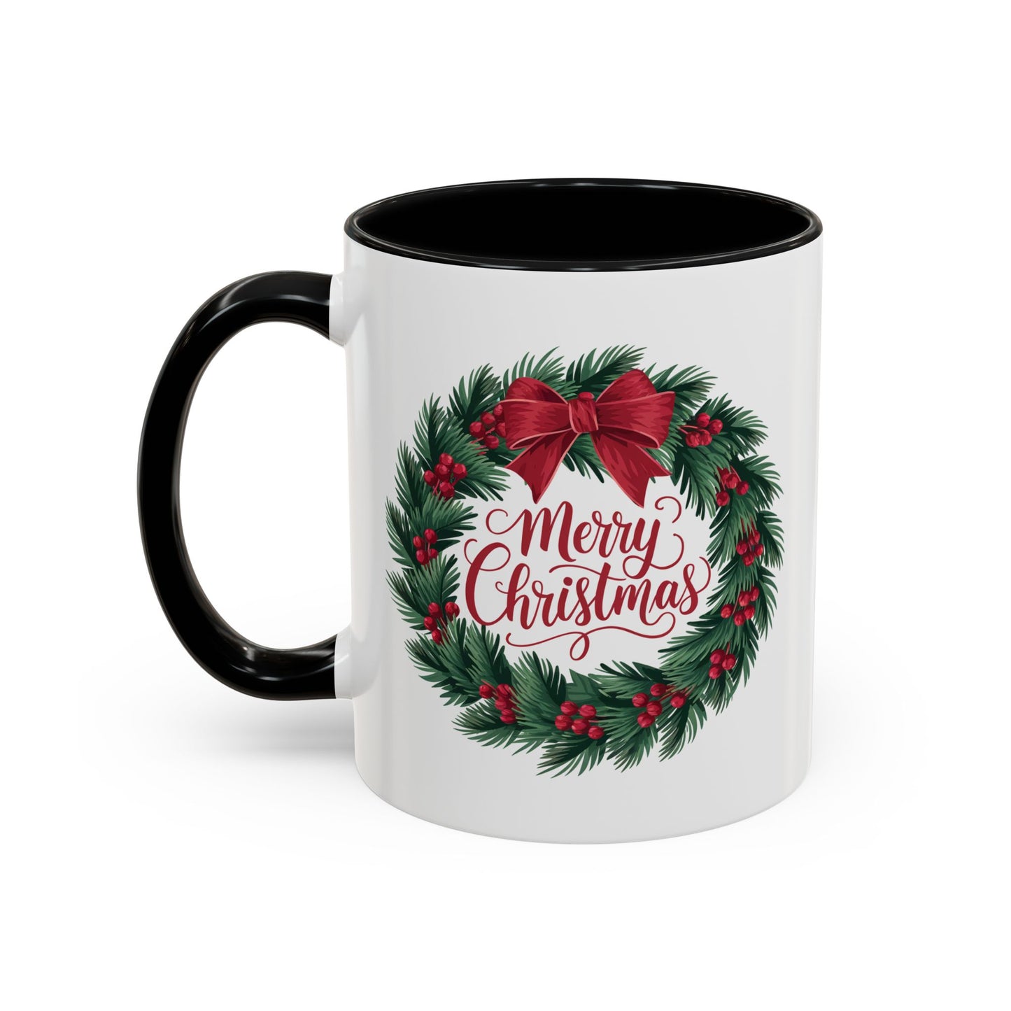 Christmas Mug - Merry Christmas Red Text Bow Wreath