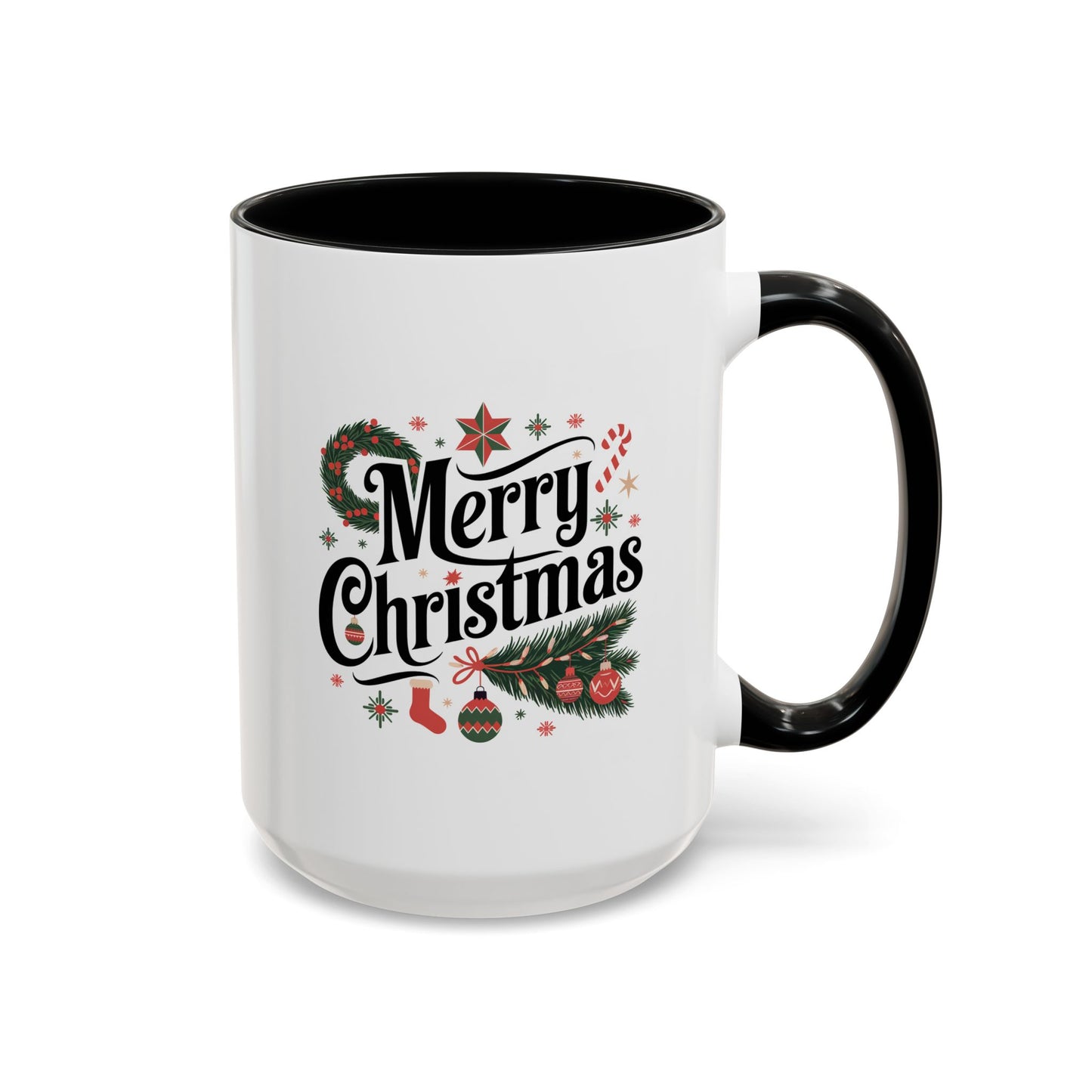 Christmas Mug - Merry Christmas Black Text Star Stocking Ornament Candy Cane