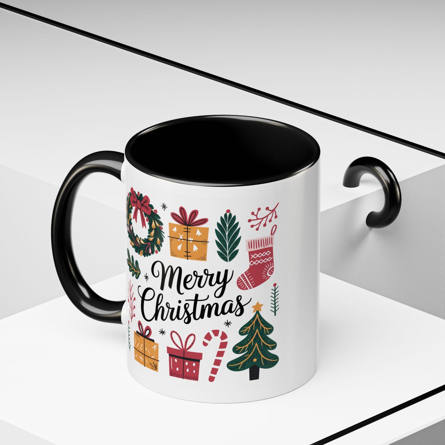 Christmas Mug - Merry Christmas Green Text Presents Tree Candy Cane