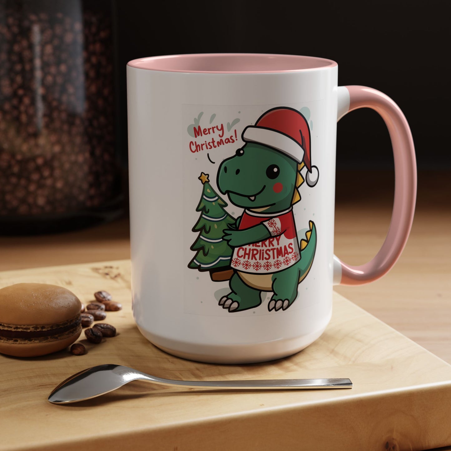 Christmas Mug - Merry Christmas Red Text Dinosaur Tree