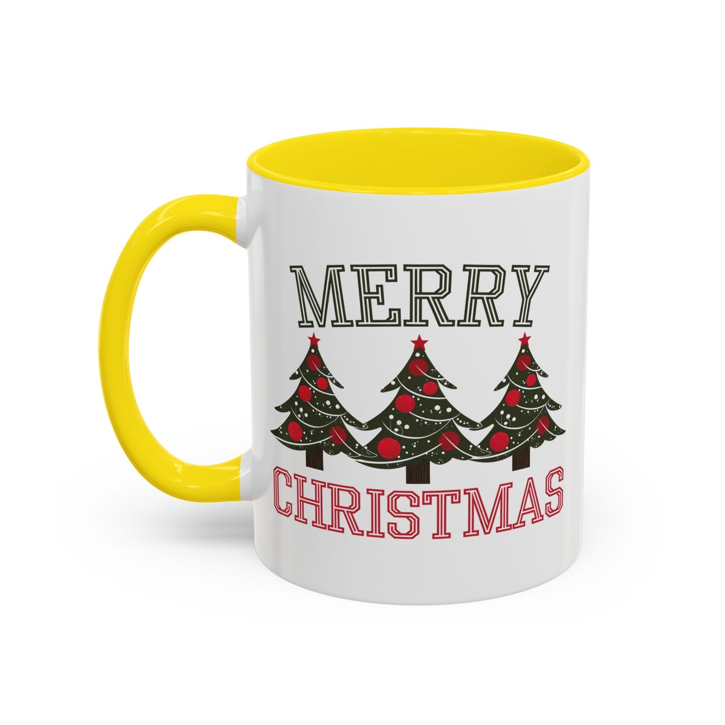 Christmas Mug - Merry Christmas Green & Red Text Decorative Trees